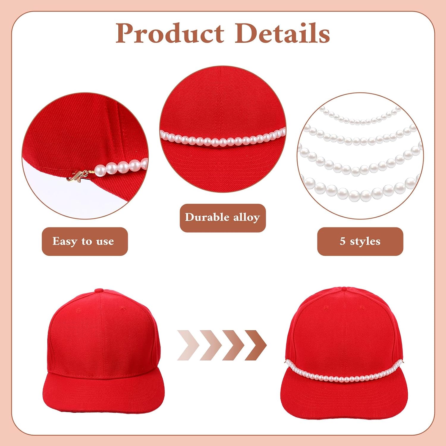 4 Pieces White Pearl Trucker Hat Chains, Detachable Trucker Cap Chains, Bulk DIY Baseball Hats Jewelry Accessories for Women's Mobile Phone Cases Wallets Water Cups, Gold