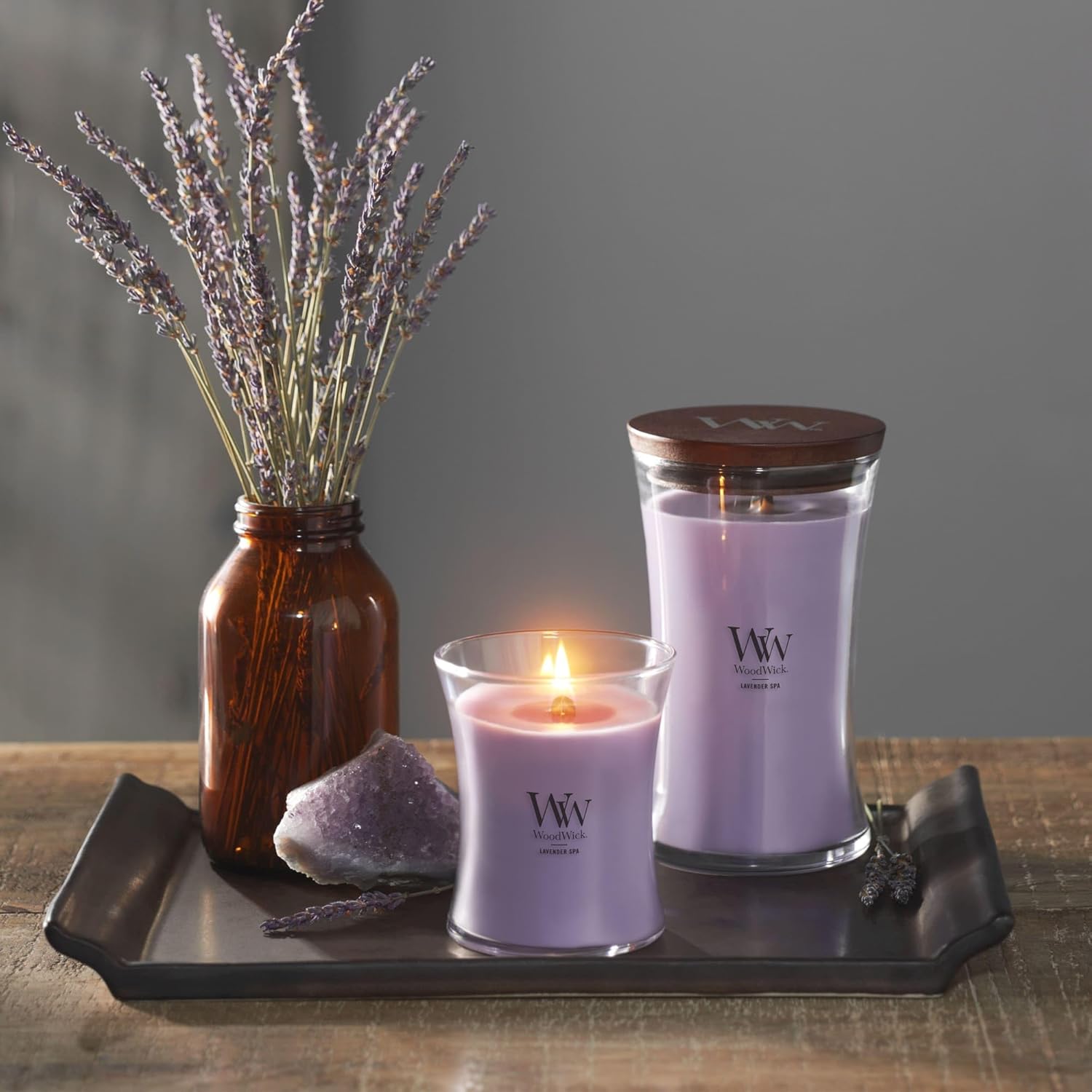 WoodWick Lavender Spa Gifts for Women and Men, 21.5 oz Large Hourglass Candle with Crackling Wick