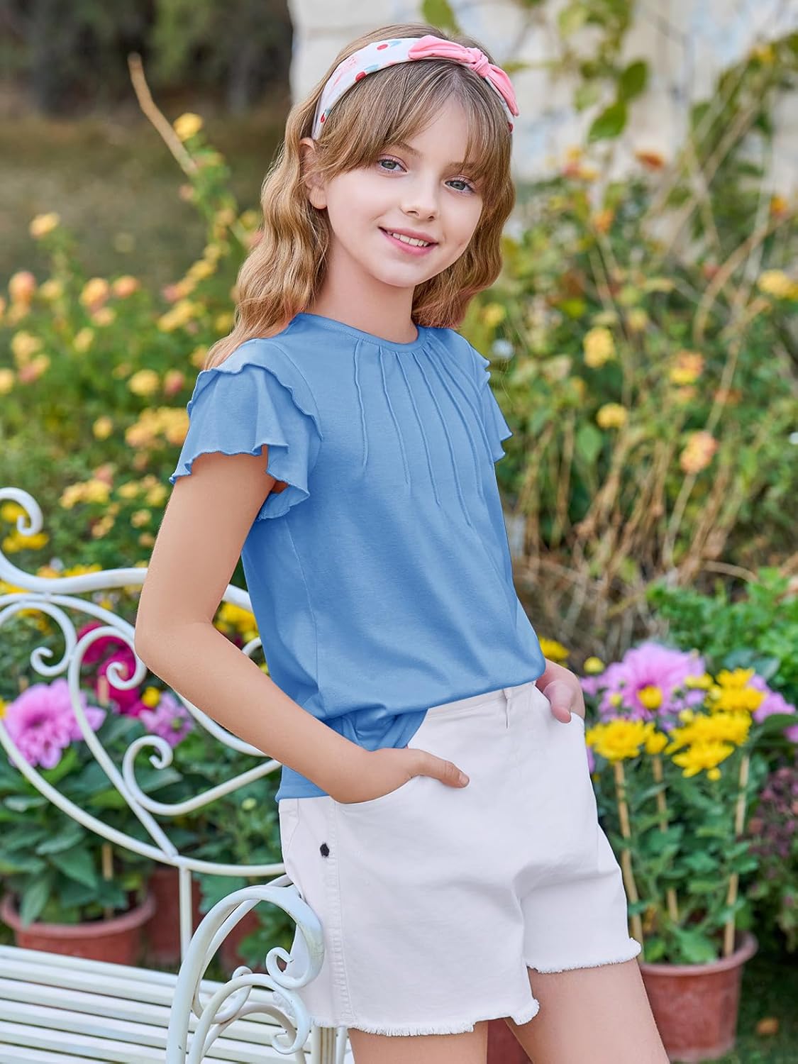 Haloumoning Girls Pleated Ruffle Short Sleeve Shirts Kids Summer Crewneck T-Shirts Fashion Tops Tees 5-14 Years - Image 3