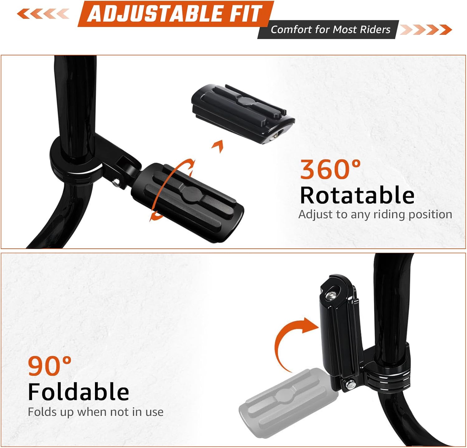 1.25" Highway Footpegs for Harley Touring Softail Dyna Sportster, Adjustable 360° Rotatable Black Motorcycle Foot Pegs, Fits 1-1/4" Engine Guard, 90° Foldable Fit for Honda Kawasaki Yamaha Indian
