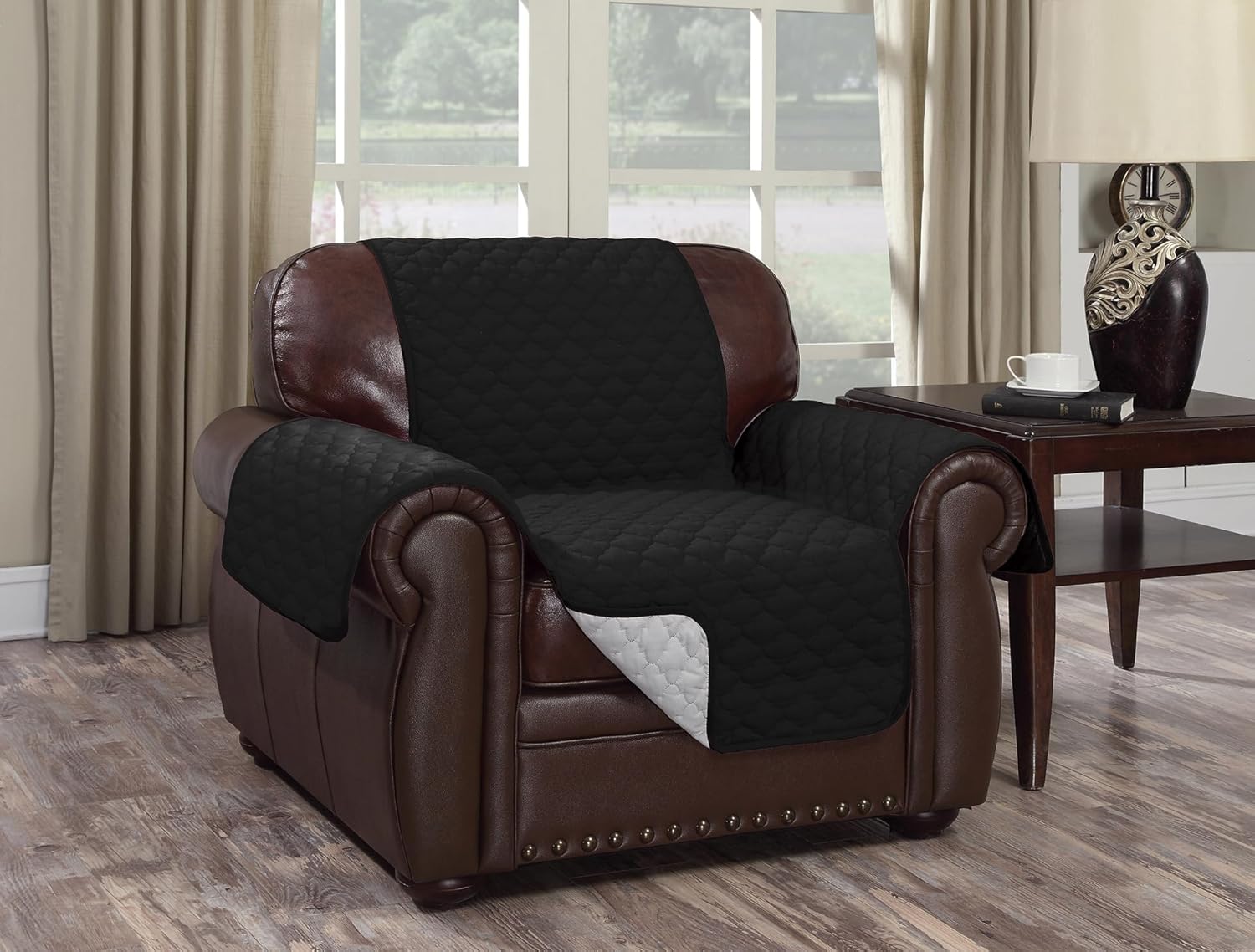 J&V TEXTILES Reversible Couch Cover for 3 Cushion Couch Sofa Cover for Dogs Water Resistant Furniture Protector Cover with Foam Sticks Elastic Straps for Pet Cat (Black/Silver, Chair)