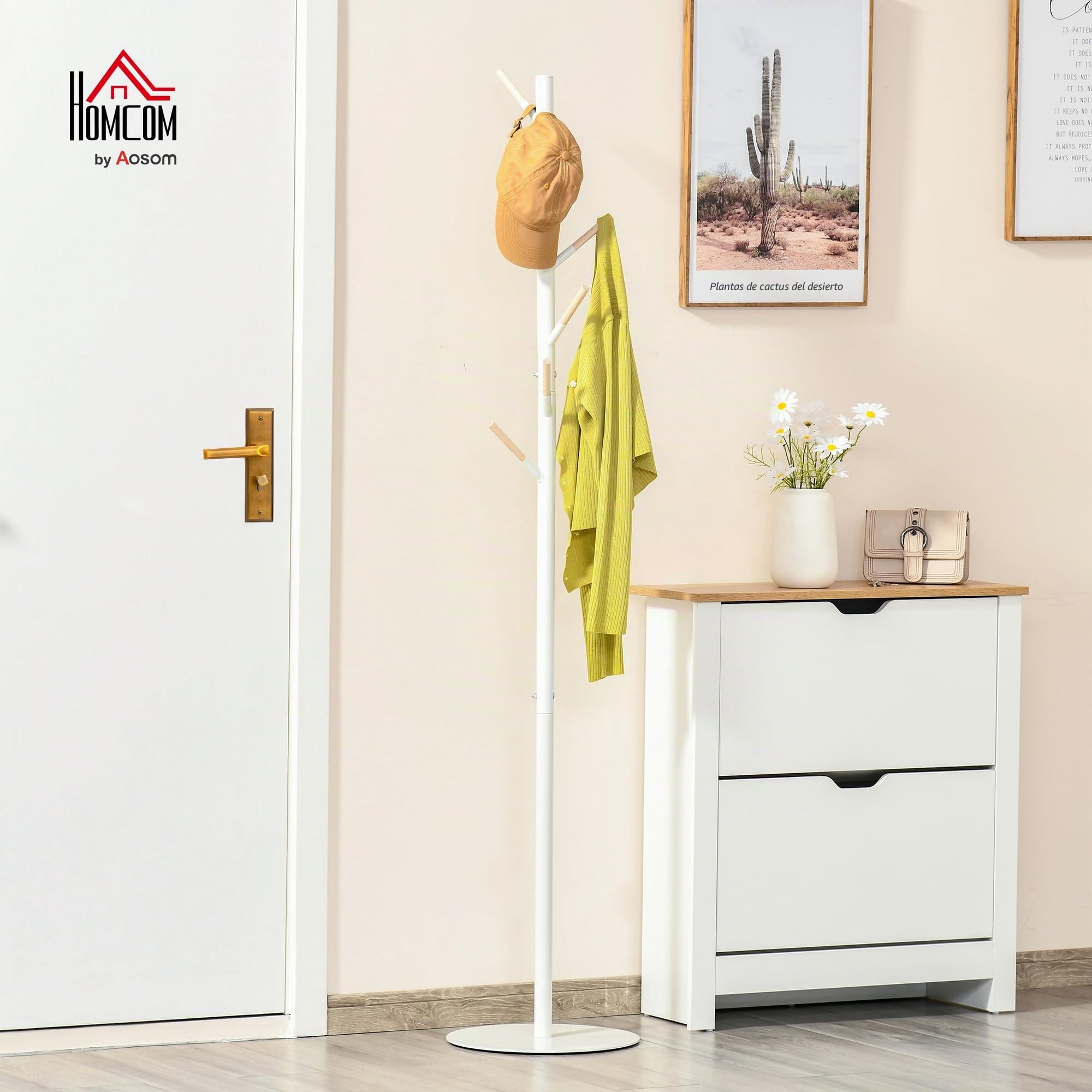 HOMCOM Perchero de Pie con 6 Ganchos de Madera Perchero de Árbol para Ropas, Bolsas y Bufandas, Marco Metálico para Dormitorio, Salón o Entrada 35x35x174 cm Blanco