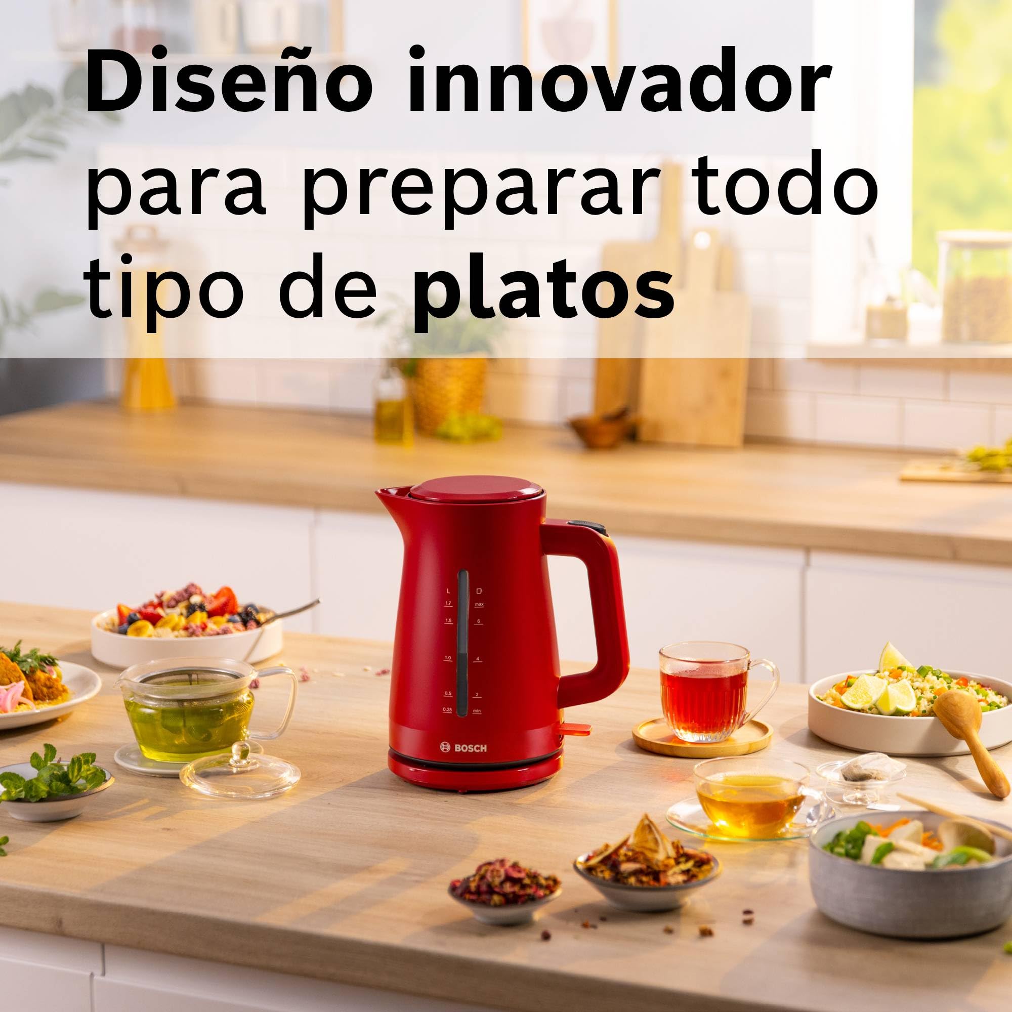 Bosch - hervidor eléctrico, MyMoment, manejo ergonómico, triple sistema de seguridad, filtro antical, capacidad de 1,7 l, rojo intenso, TWK3M124 | Hervidor, calentamiento rápido, filtro extraíble, indicador de nivel de agua, apagado automático, fácil de l