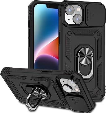 Compatible with iPhone 14 Plus Case, iPhone 14 Plus Magnetic Case with Camera Cover & Kickstand Military Grade Shockproof Cover Black