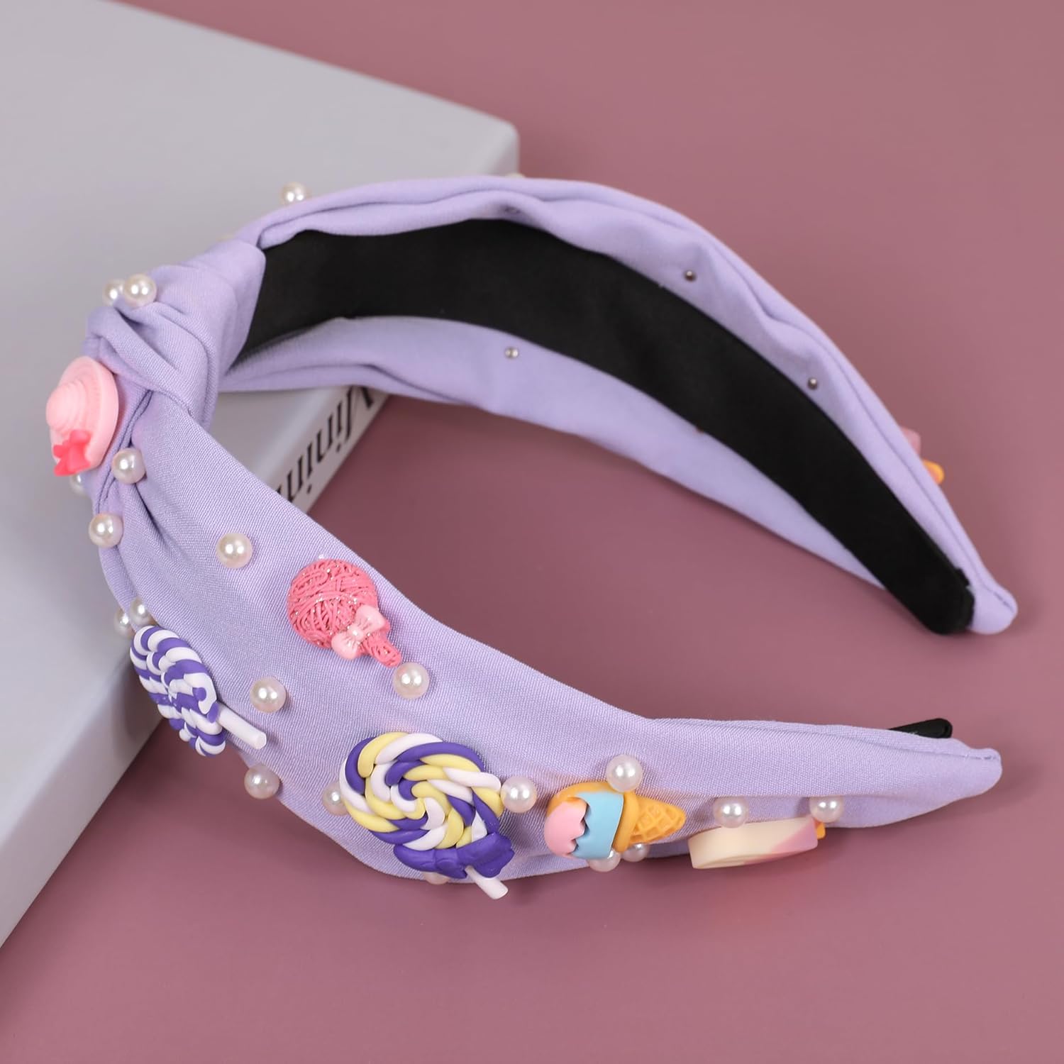 Candy Knotted Headbands for Women Cute Rainbow Lollipop Ice Cream Charm Headband Beaded Wide Top Knot Birthday Girl Hairband Funny Back to School Hair Accessories - Image 2