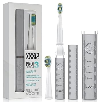 Voom Sonic Pro 3 Series Ultrasonic Electric Toothbrush for Adults Silver USB Rechargeable 40,000 Strokes/Minute 3 Speeds Bathroom Essentials & Travel Essentials