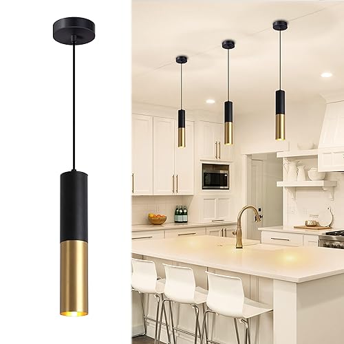 Omgomne Modern Pendant Light Fixture Kitchen Island,1-Light Black Gold GU10 Hanging Light Cord Adjustable Cylinder Pendants Lamp for Livingroom Bedroom Diningroom 1-Pack