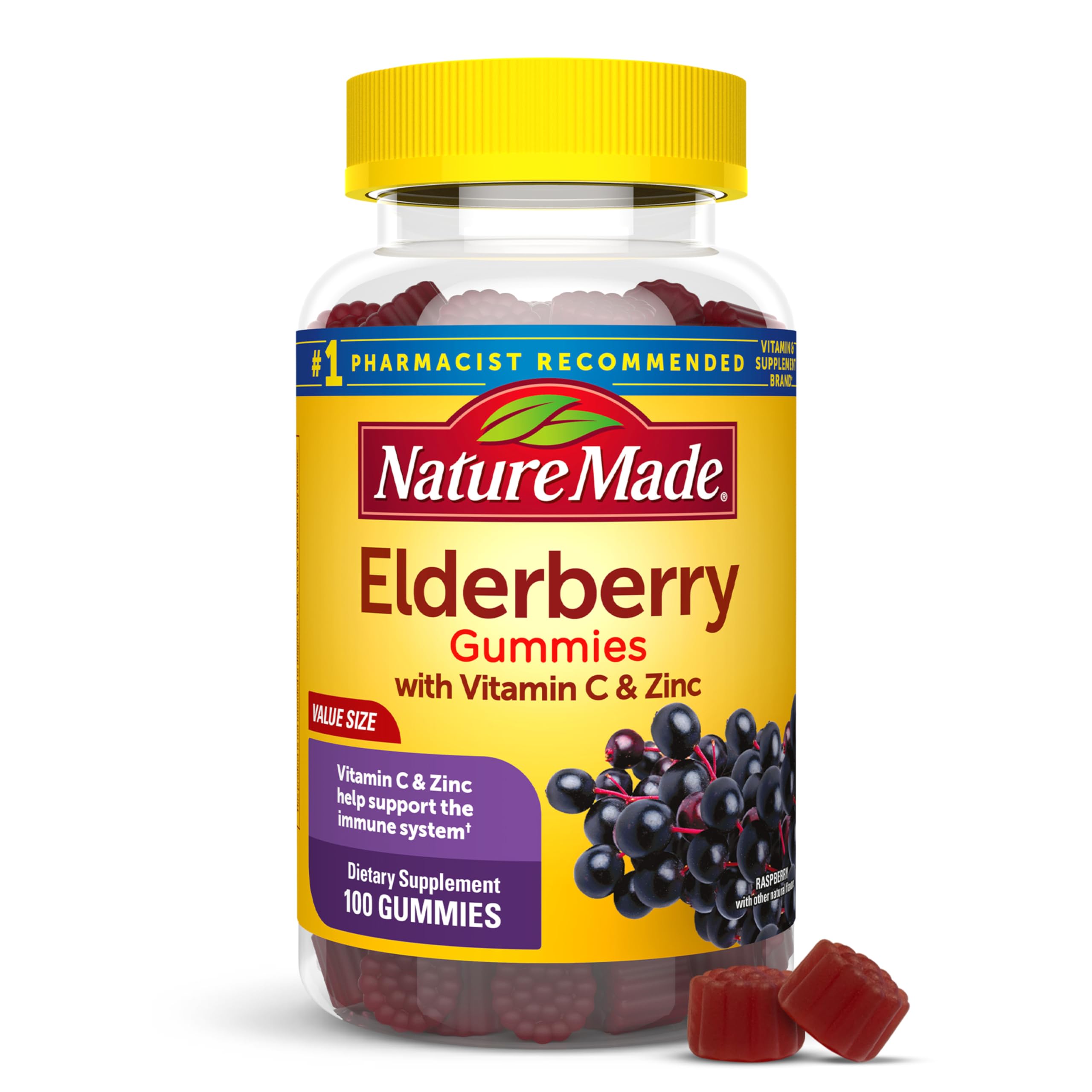 Elderberry Gummies with Vitamin C and Zinc, Dietary Supplement for Immune Support, 100 Elderberry Gummies, 50-Day Supply