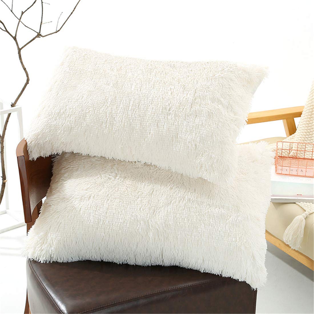 Faux Fur Throw Pillow Cases, Plush Shaggy Soft Pillow Covers, 2 Pack Fluffy Decorative Pillow Shams Zipper Closure, 20X27 Inch (White)