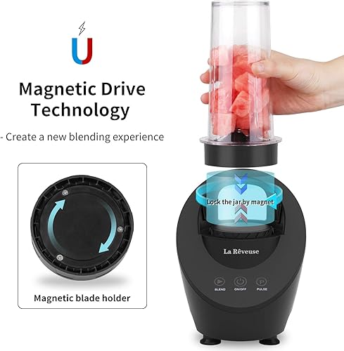 Miniatura 3 de La Reveuse Licuadora personal para batidos y batidos de 200 W con tecnología de accionamiento magnético, botella de viaje portátil sin BPA de 10