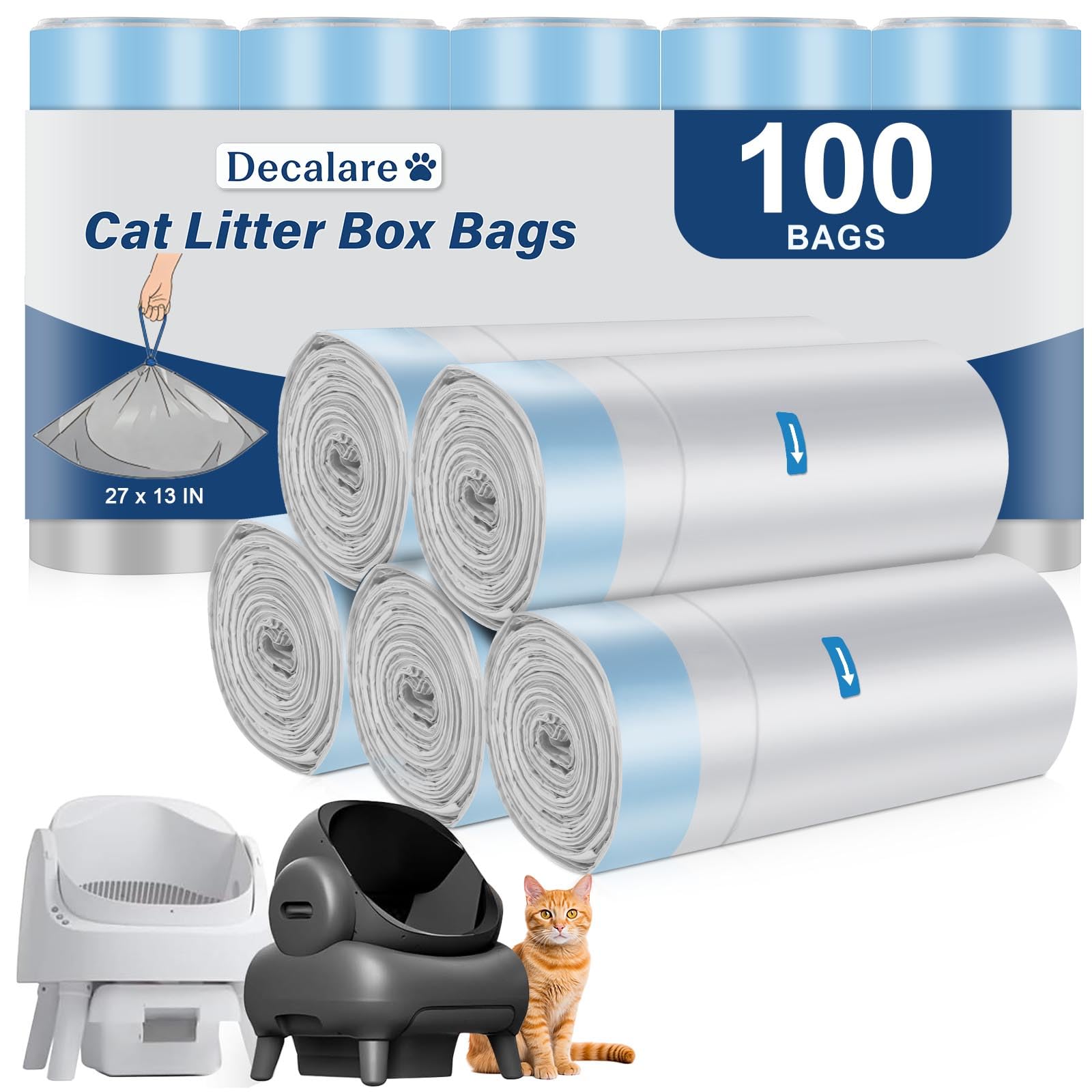 Photo 1 of 100 Count Cat Litter Box Bags Compatible with NeakM1 Petpiv Autoscoper 11 Open-Top Self-Cleaning Cat Litter Boxes, Heavy Duty Leak-Proof Drawstring Handle Cat Litter Box Liners, 27" x 13"