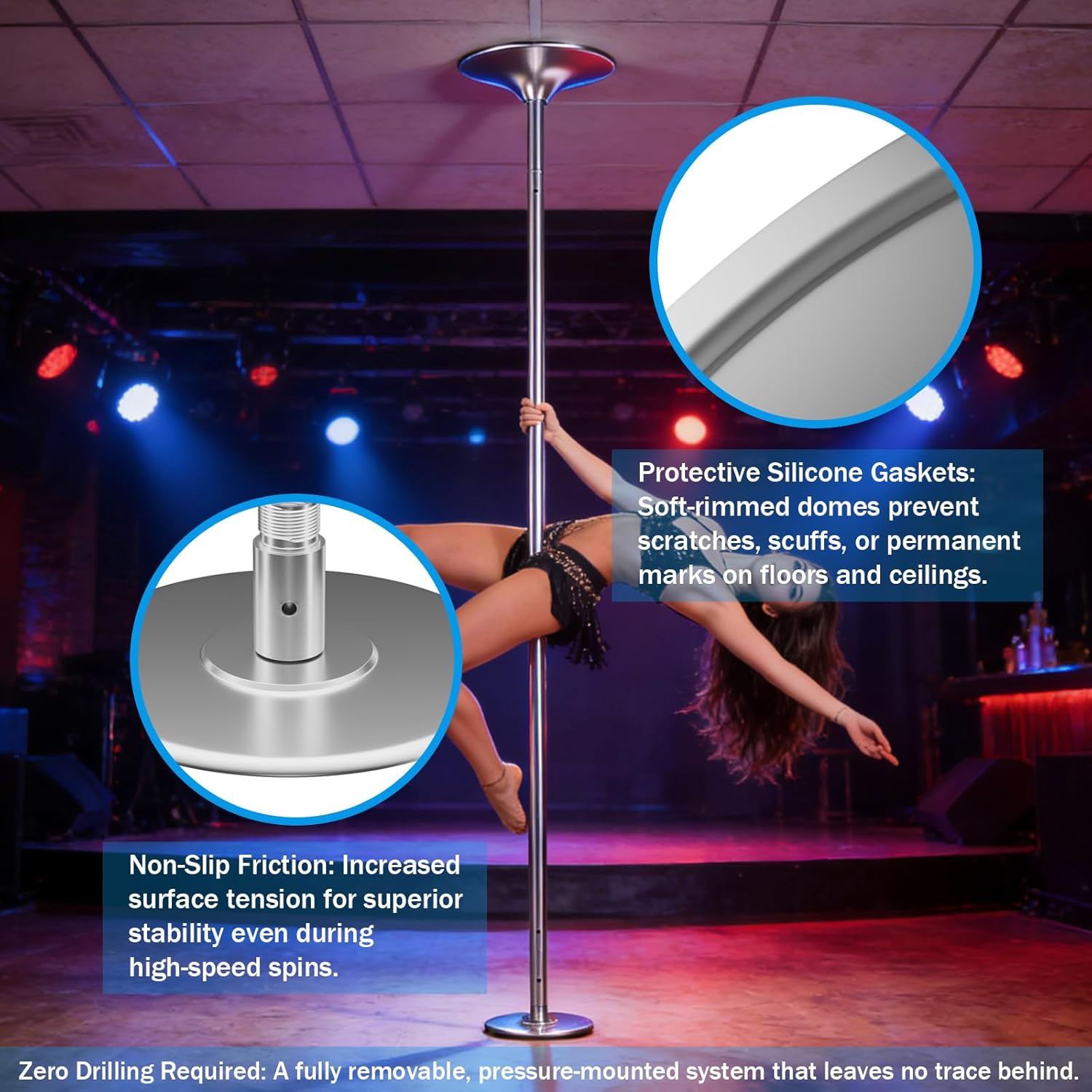Professional 45mm Dance Pole for Home, Heavy Duty Spinning Static Dancing Pole Kit, Portable Removable Steel Stripper Pole with Solid Threaded Safety Connections - Silver