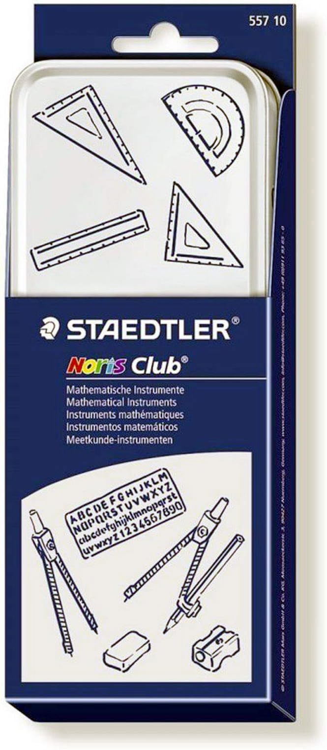 STAEDTLER Noris Club 557 10 Noris Maths Set with Storage Tin (10 Pieces including Compass, Ruler, Protractor and Set Squares)