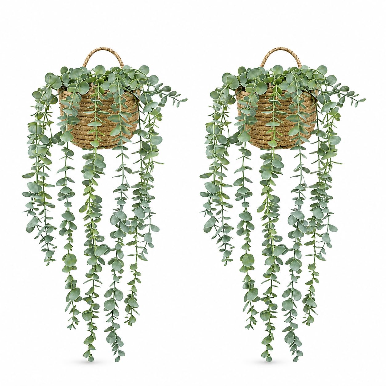 2PCS Faux Eucalyptus Hanging Plants with Woven Baskets, Artificial Hanging Plants Wall Decor with Hooks, Trailing Artificial Plants For Bedroom Bathroom Kitchen Shelf Window Living Room Home Decor