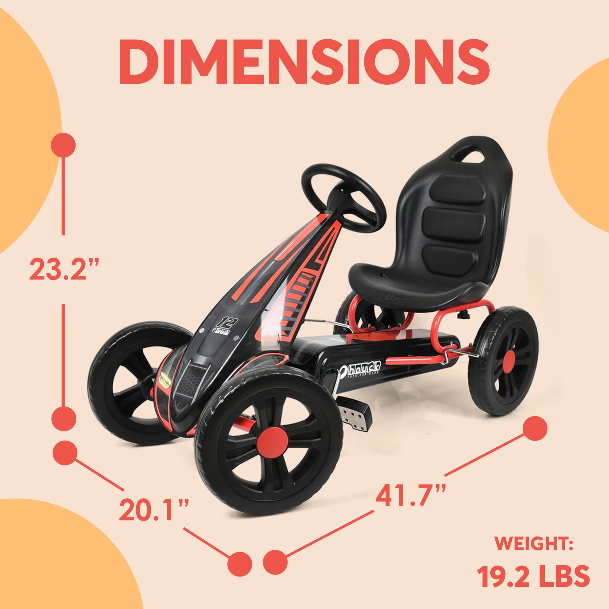 Hauck Cyclone Pedal Go Kart for Kids Ages 4-10, Adjustable Bucket Seat, 12 inch EVA Foam Plastic Wheels, Handbrake for Both Rear Wheels - Ride On Toy for Boys and Girls