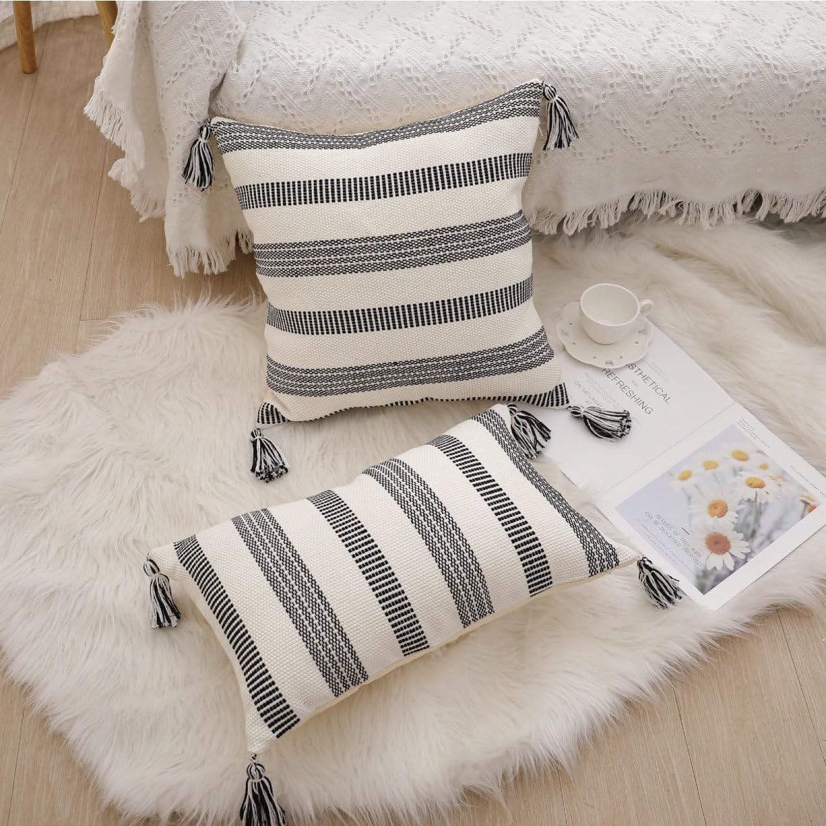 Copricuscini, federa decorativa quadrata 1/2 pezzi Federe for cuscini intrecciati Boho Copricuscini decorativi con nappe nere 45x45 /30x50 cm Copricuscino lombare da ufficio for divano da interno(Tass