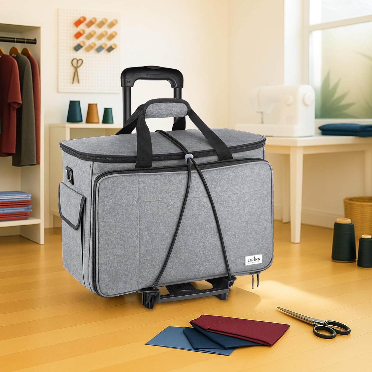 JJRING Rolling Sewing Machine Carrying Case, Portable Sewing Machine Bag With Shoulder Strap, Heavy Duty Sewing Machine Tote On Wheels Suitable for Standard Sewing Machines, Grey