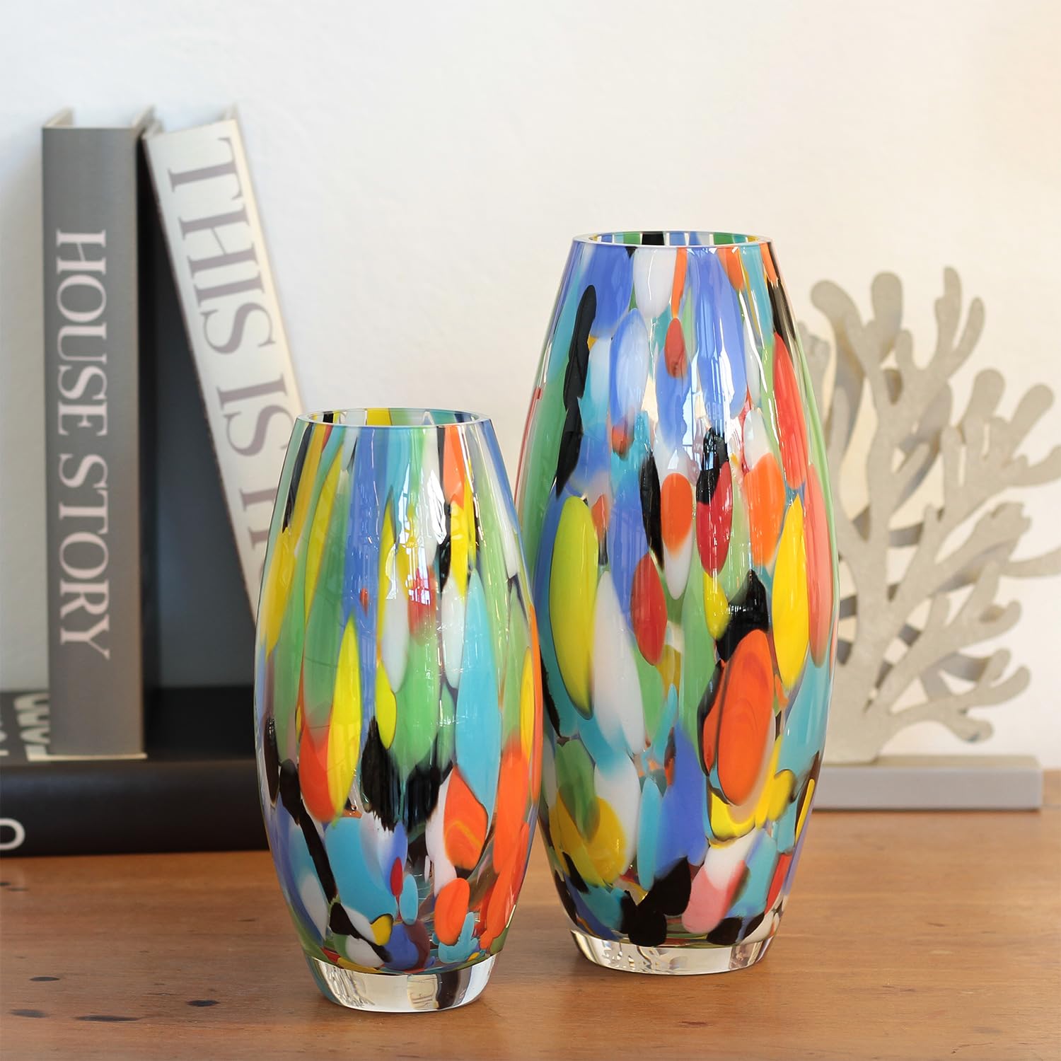 Vase Artistique En Verre Soufflé – Style Murano, Multicolore, Hauteur 27 Cm