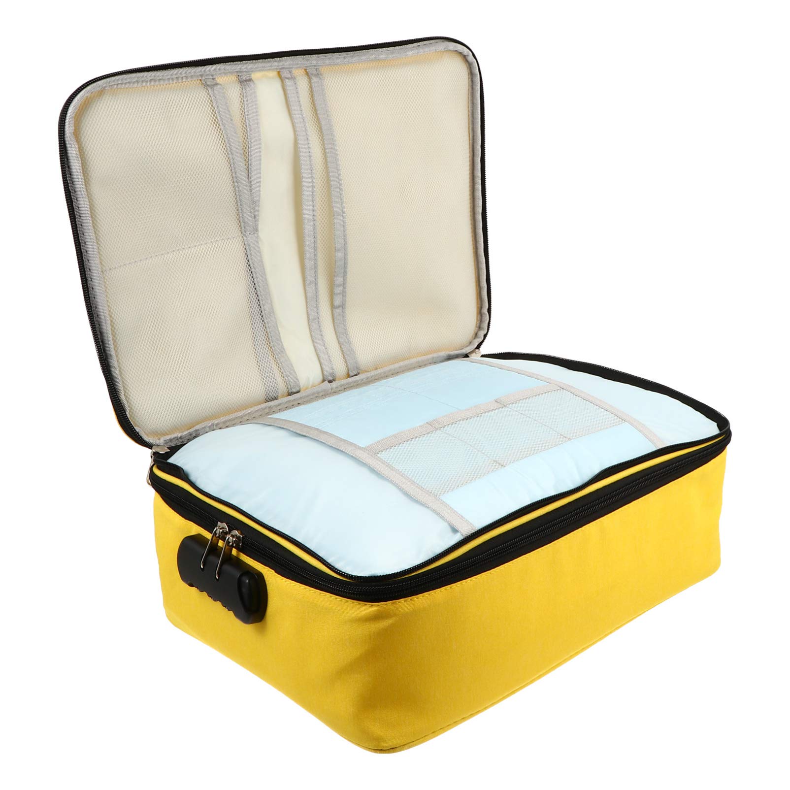Healvian Pouch Documenti Capiente Multifunzione con Doppia Zip e Lucchetto | Tessuto Cationico Giallo, Tasche Multiple Ordinate, Facile da Sollevare per Viaggio e Carte