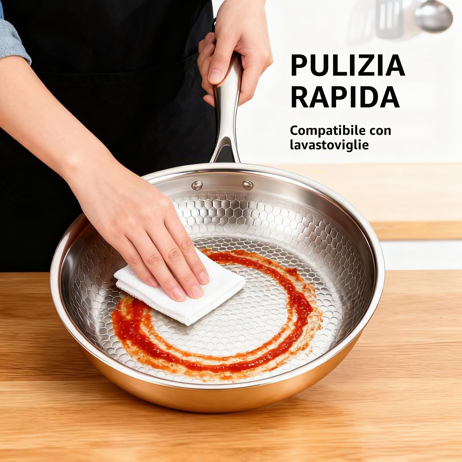 Titan, padella da 26 cm, in titanio con motivo martellato | Padella in titanio non rivestita con spugna abrasiva, coperchio e spatola, adatta a tutti i piani cottura