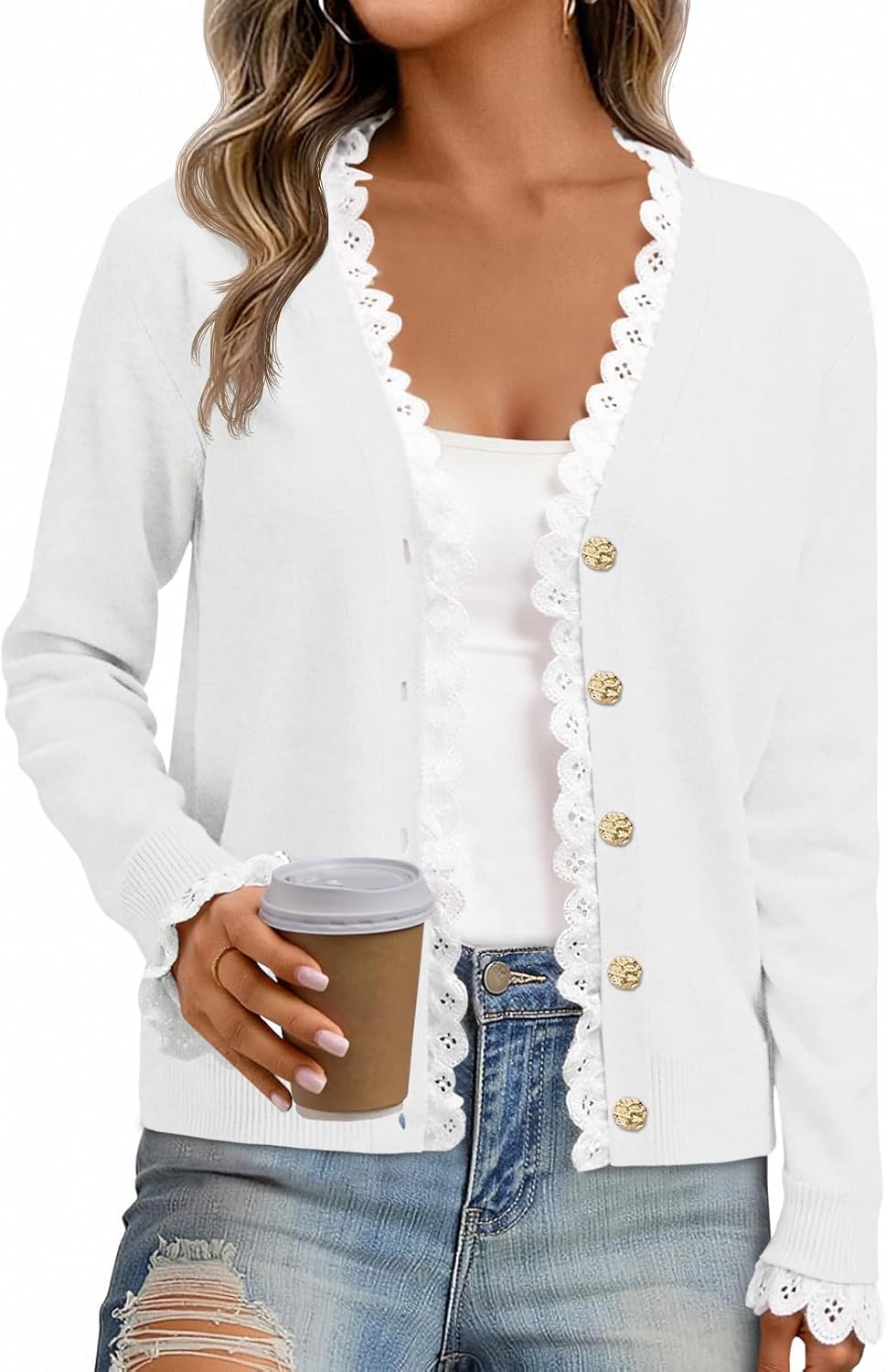 Cicy Bell Womens Lace V Neck Cardigan Sweaters Button Down Long Sleeve Knit Tops Fall Trendy Lightweight Open Front Sweater