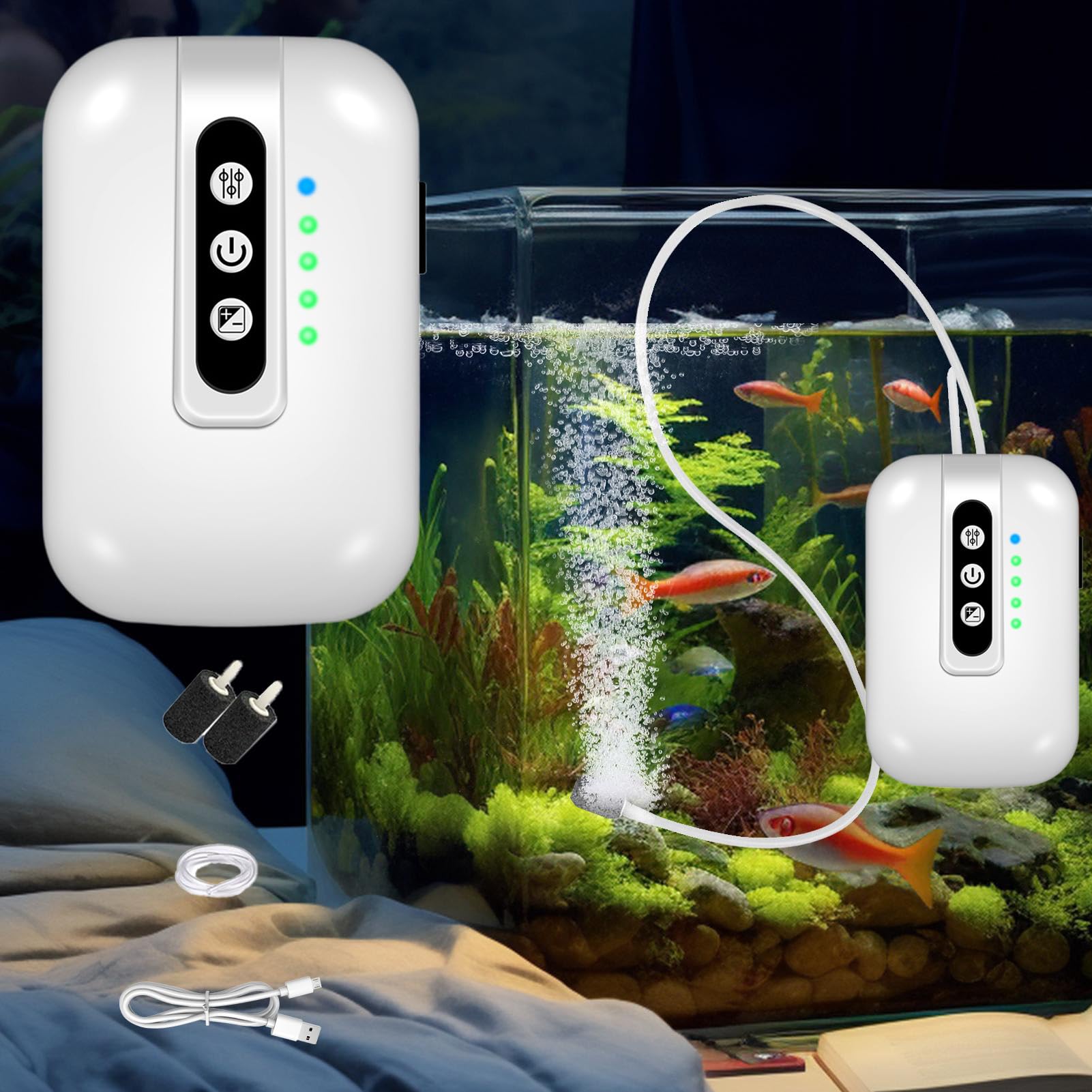 Bomba de Aire para Acuario Bomba de Aire Silenciosa | Recargable USB Portátil Para Carnada Viva Acuarios Estanques Hidroponía