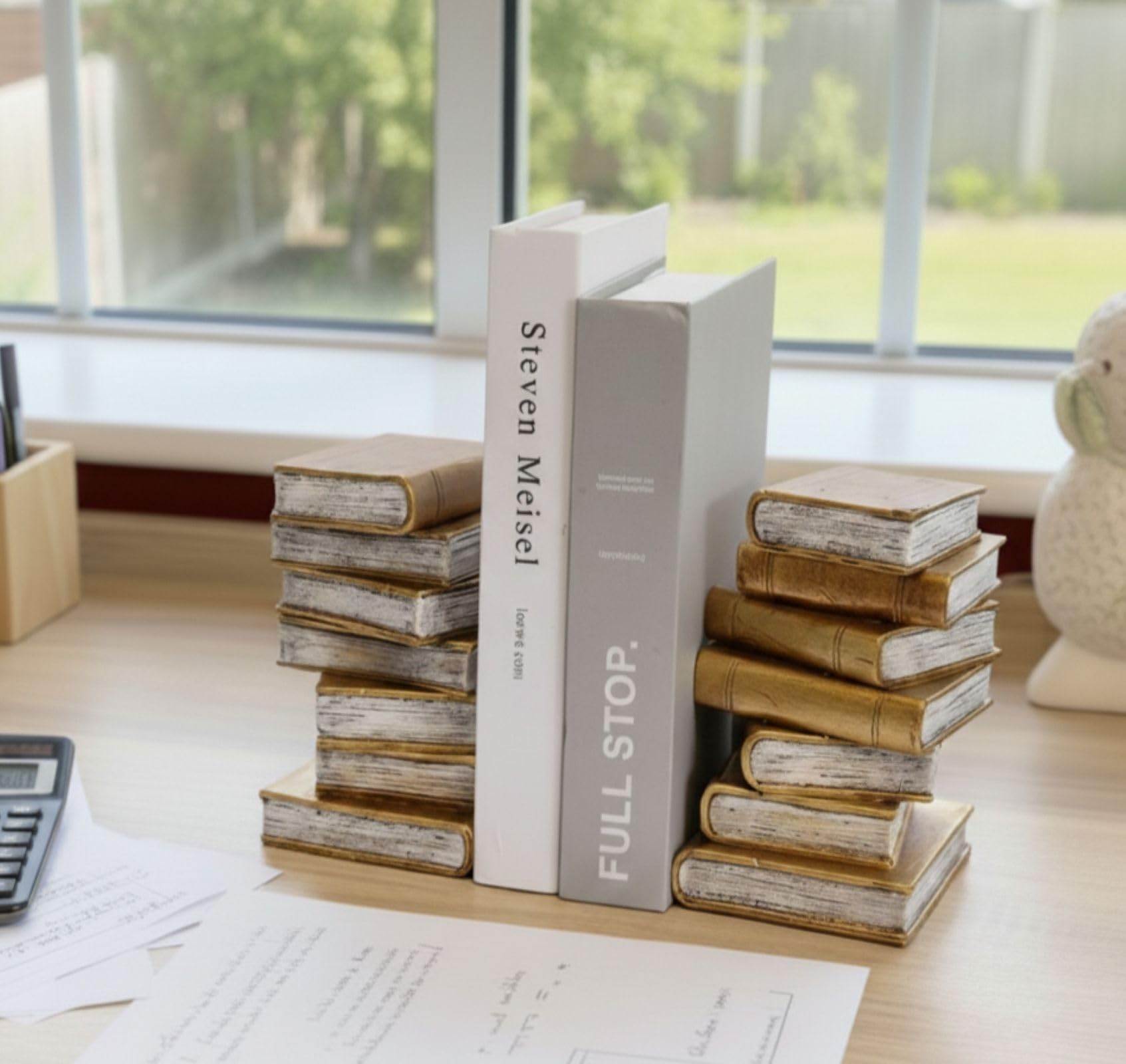 Decorative Resin Stacked Books Bookends (Set of 2) - Vintage Gold Finish Resin - Book Stoppers for Shelves & Desktops - Unique Home Office Library Decor