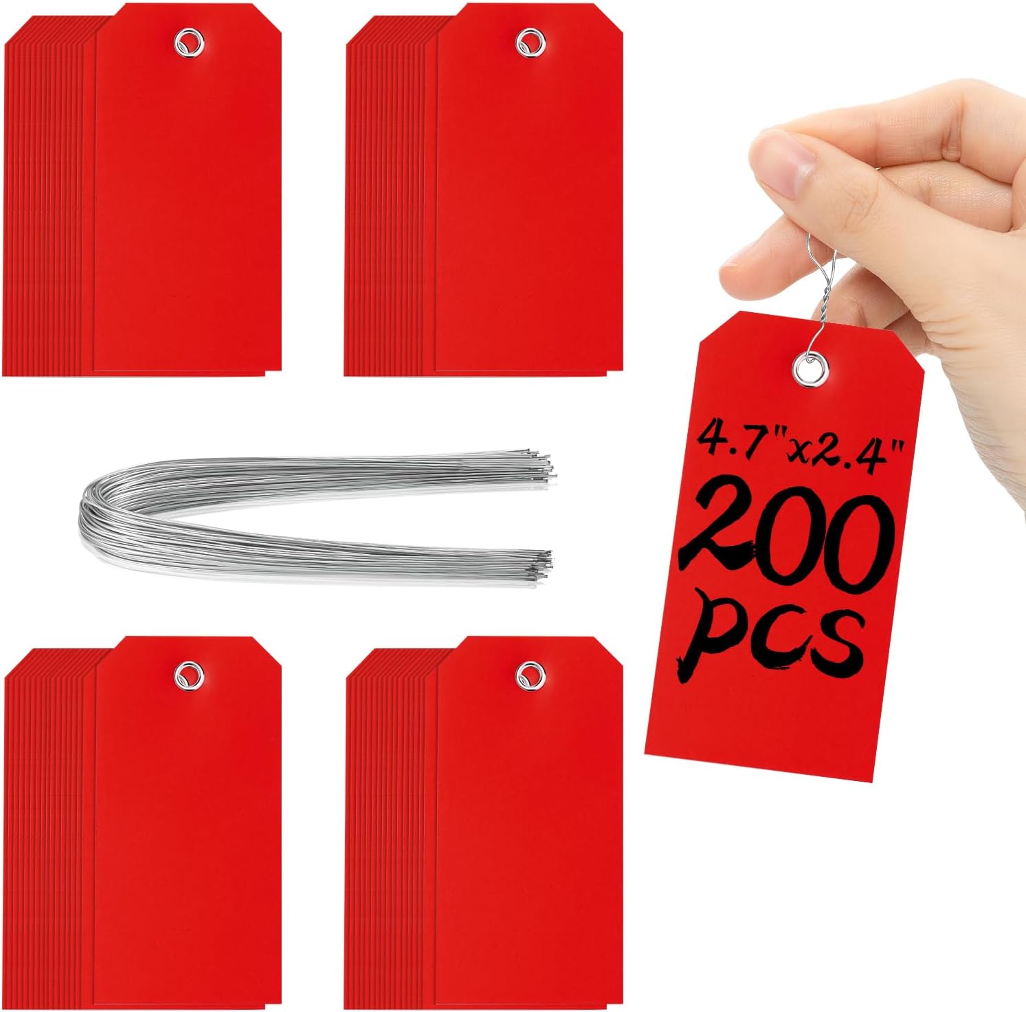 200 Red Tags - 4 3/4" x 2 3/8" Writable Hang Tags with Reinforced Marking for Auto Parts, Luggage, Garage, Inventory & Outdoors