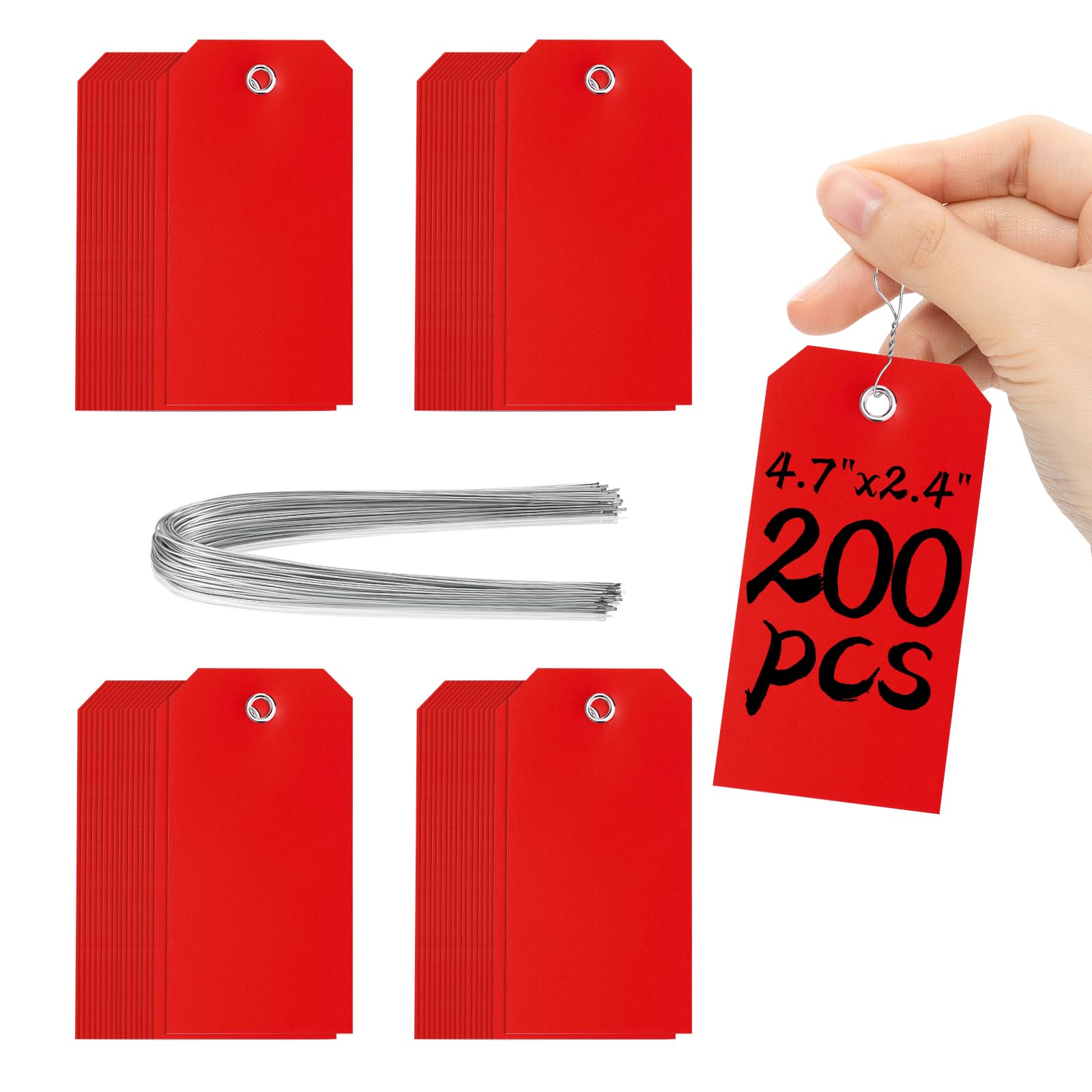 200 Red Tags - 4 3/4" x 2 3/8" Writable Hang Tags with Reinforced Marking for Auto Parts, Luggage, Garage, Inventory & Outdoors