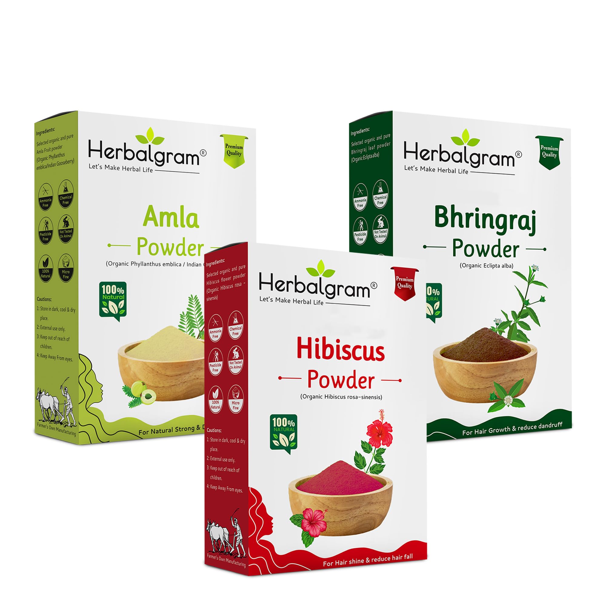 Herbalgram Amla Bhringraj Hibicus Powder 300gm Combo | Natural Plant-Based Powders | Fine Texture for External Use | No Artificial Additives Pack of 3 x 100gm-image-23