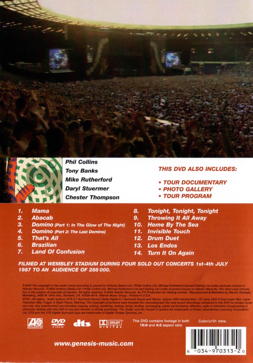 Back cover of Genesis Live at Wembley Stadium DVD showing tracklist and features