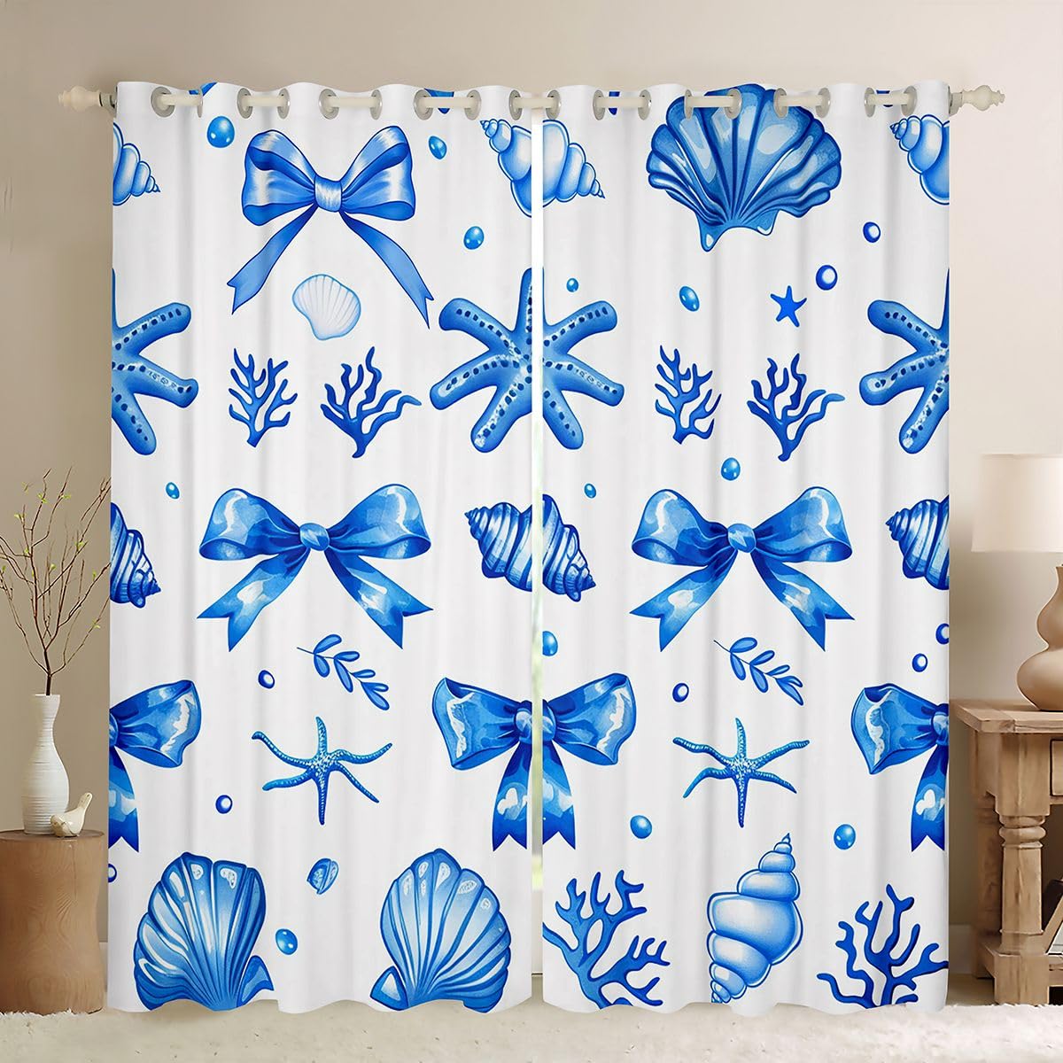 Homemissing Blue Coquette - Tende oscuranti per camera da letto, soggiorno, stelle marine, conchiglie, oscuranti, con fiocco, tendaggi per finestre, 2 pannelli, 167,6 x 182,8 cm, decorazione estiva