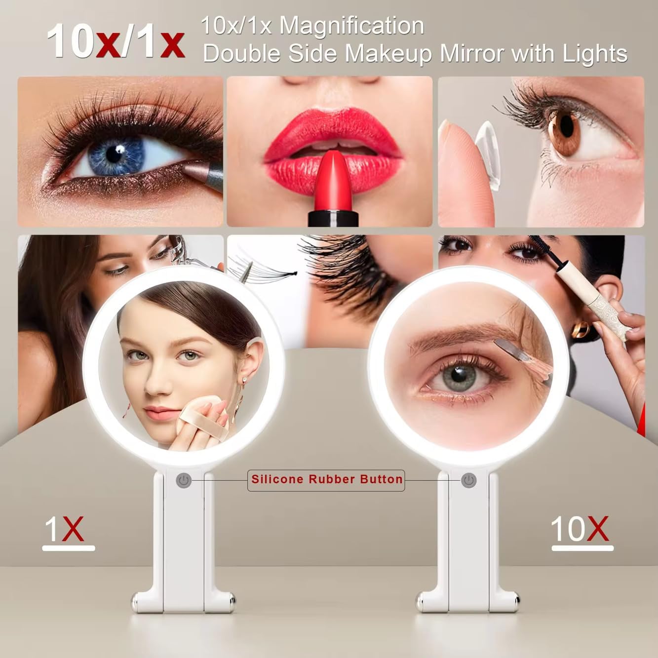 LED Lighted Makeup Mirror, Double Sided 1X/10X Magnifying Vanity Mirror with 3 Color Light Modes, USB Rechargeable Portable Cosmetic Mirror with Adjustable Stand, Tabletop, Handheld & Hanging