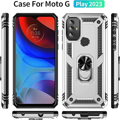 Miniatura 7 de Funda de impacto de grado militar para Motorola Moto G Play 2023, anillo giratorio de metal 360, soporte de soporte, funda resistente a prueba de