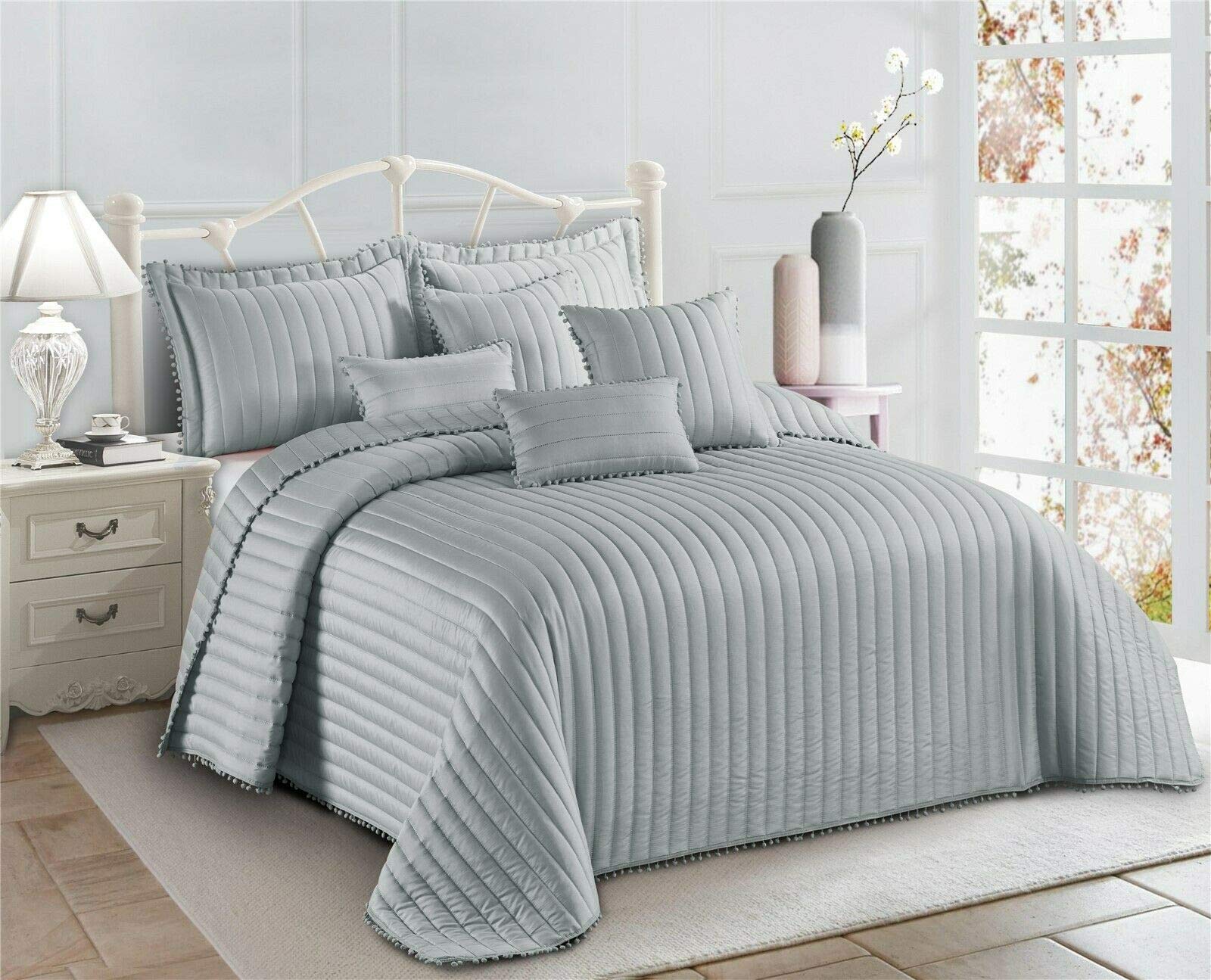 3 Pieces Embossed Soft Quilted Bedspread Comforter Set Pom Pom Bordered Design Bed Throw With Pillow Sham (Silver, Double)