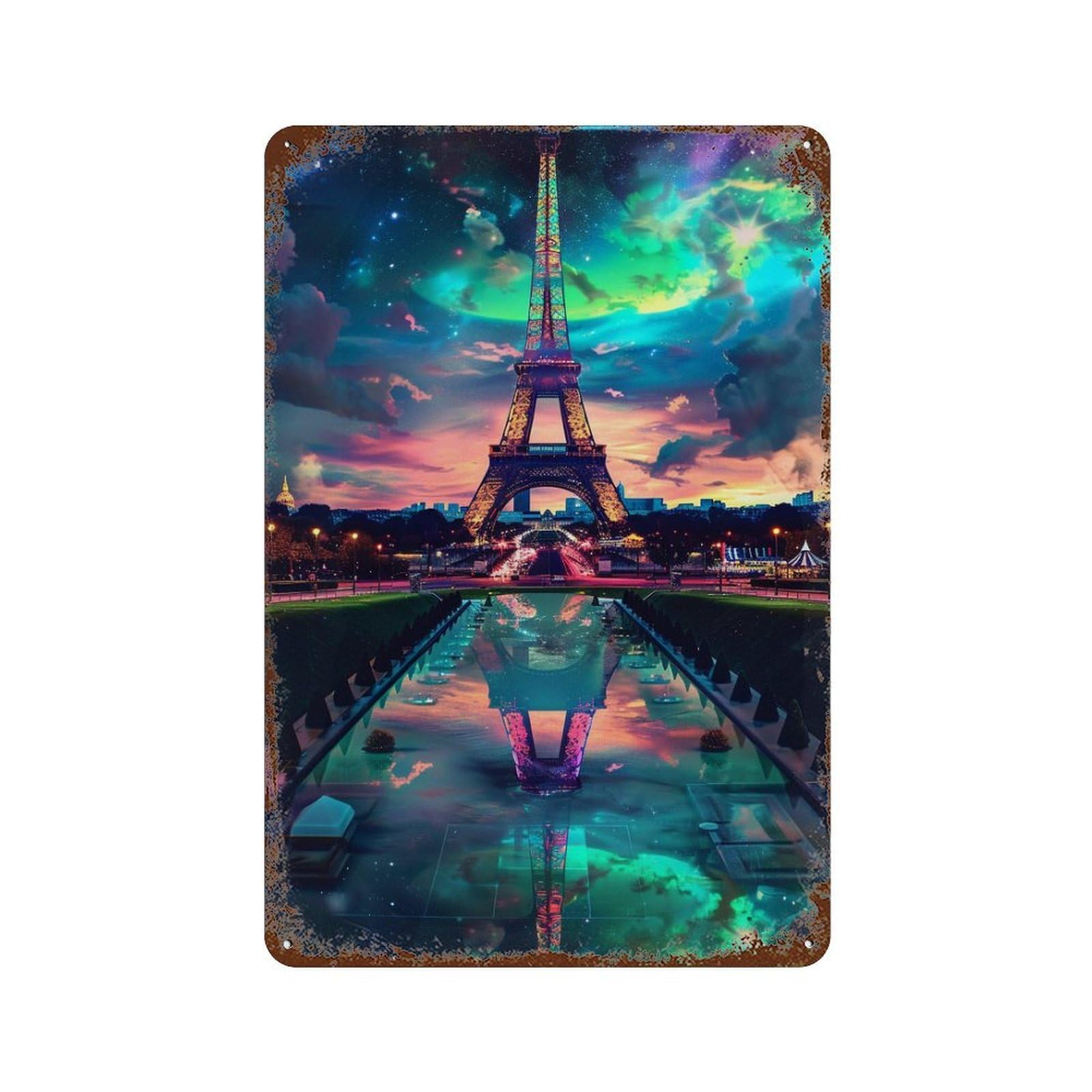 Eiffel Tower Reflection Night Rust Effect Tin Sign 11.8"x7.9", Decorative Metal Wall Art for Living Room, Hallway And Home Decor