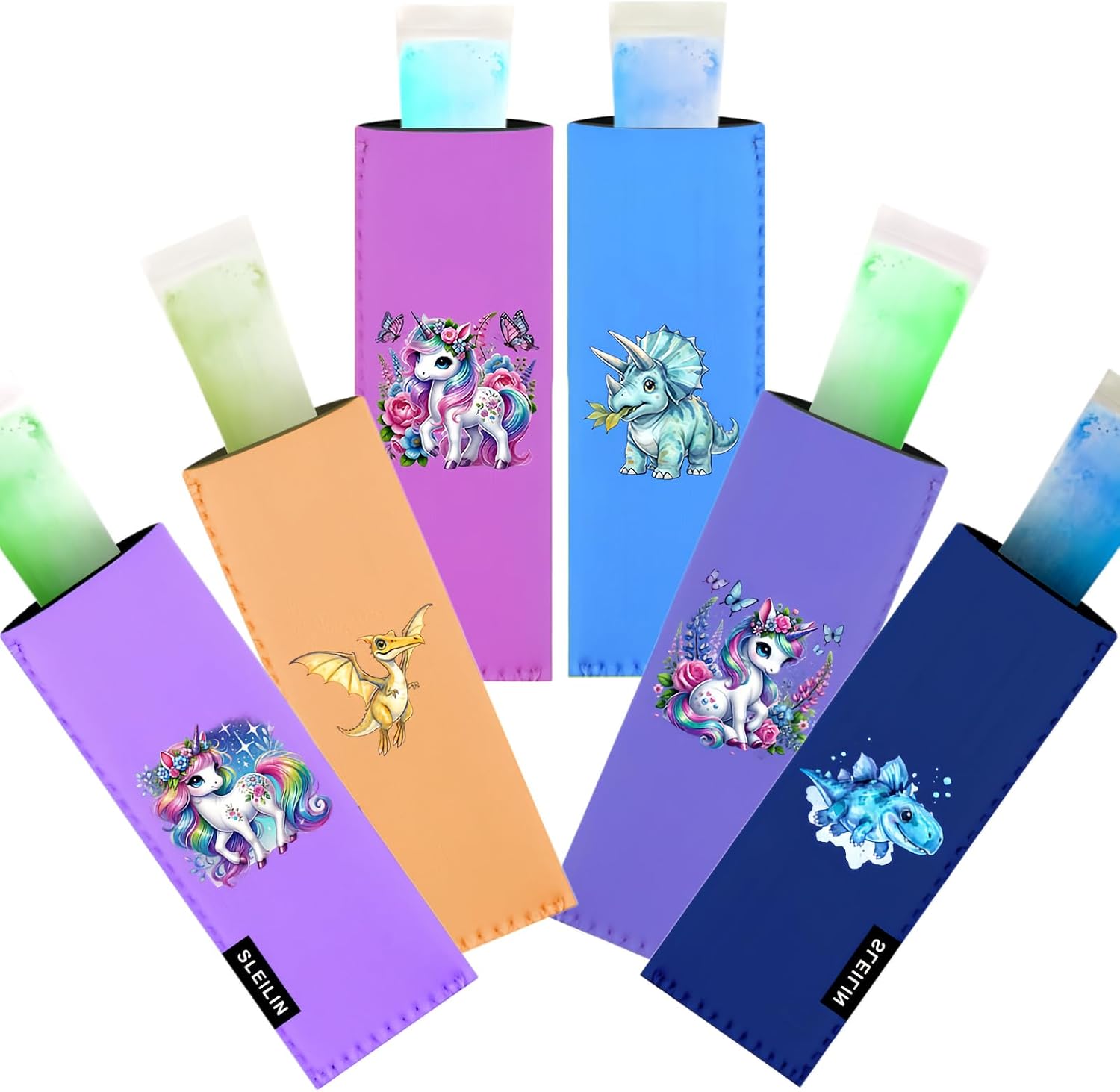 Popsicle Sleeves 6 Pack, Neoprene Ice Pop Holders with Unicorn & Dinosaur Designs, No Drip Freezer Pop Sleeves, Keeps Hands Warm & Dry, Reusable Washable Ice Popsicle Covers for Kids Summer Party