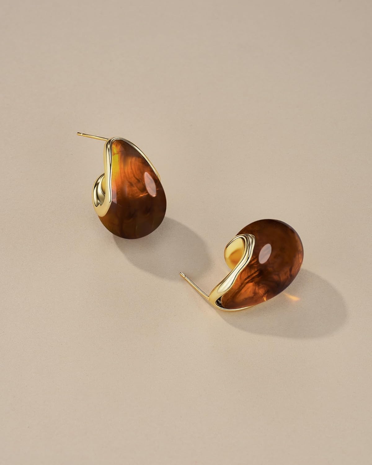 Oval C Shape Chunky Dangle 18K Gold Plated Hoops with Colored Resin Gemstone Statement Earrings for Women by SNGIA, (Green, Brown, Blue, Pink, White, Cream), Long Bold Drop Handmade Exaggerated Irregular Trendy Bohemian Jewelry Gifts, Unique Dangling Teardrop Baroque Stone Summer Beach Fashion Earrings Accessories, Round Vintage Thick Circular Nickle Free Huggies Hoop Earrings. - Image 3