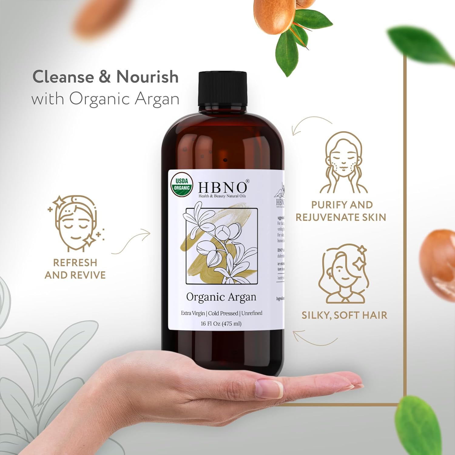 HBNO Organic Argan Oil - Huge 16 oz (475 ml) Value Size - Natural Argan Oils, Cold Pressed - Perfect Carrier Oil for Massage, Aromatherapy, DIY, Soap Making, Face, Body, Lips, Hair, Nails