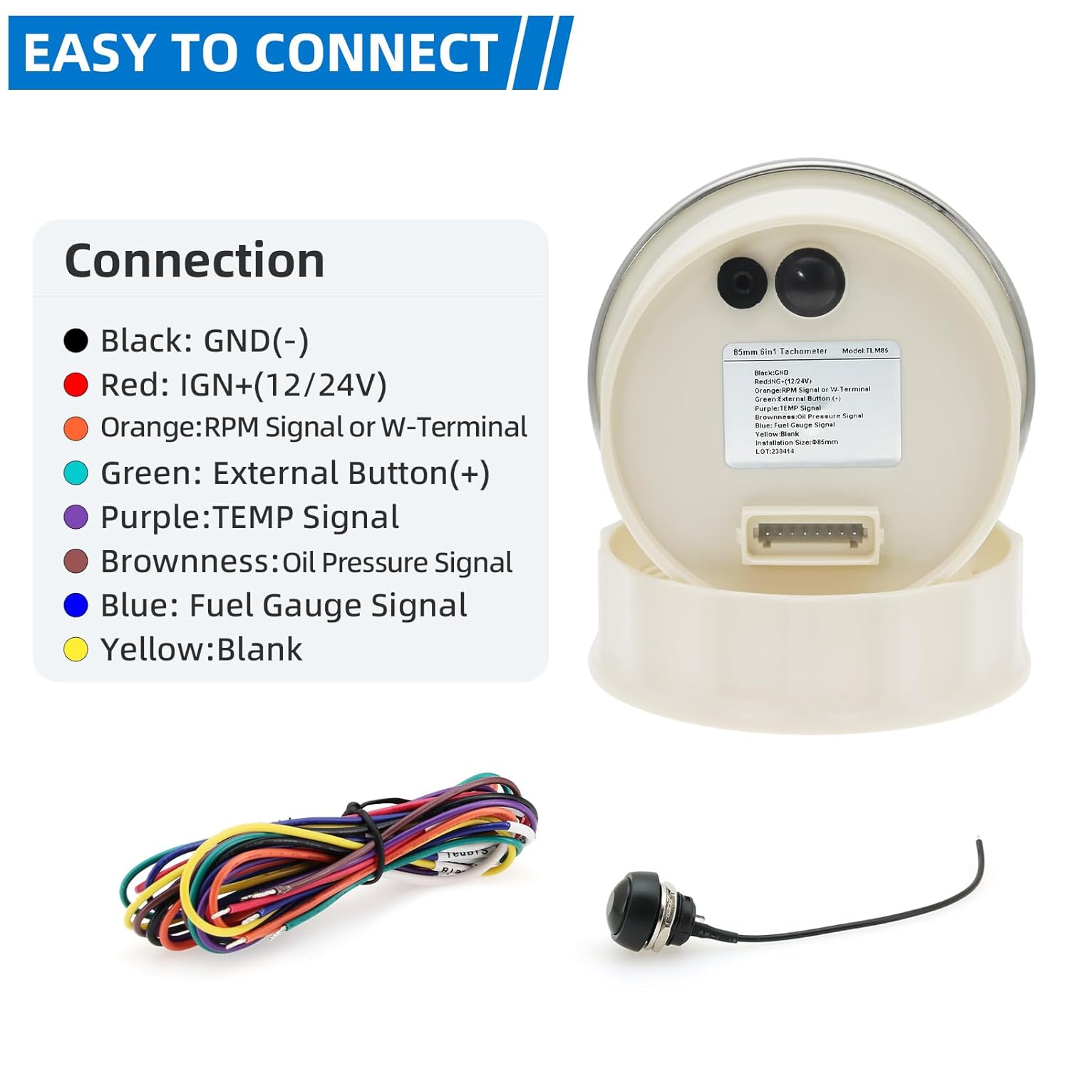 MH 6-in-1 Digital Gauge- Tachometer (0-19999 RPM), Hour Meter, Water Temp (℉/℃), Fuel Level, Oil Press (PSI/BAR), Voltage (0-99.9V) - 85mm AUTO Boat Gauge for Car Truck