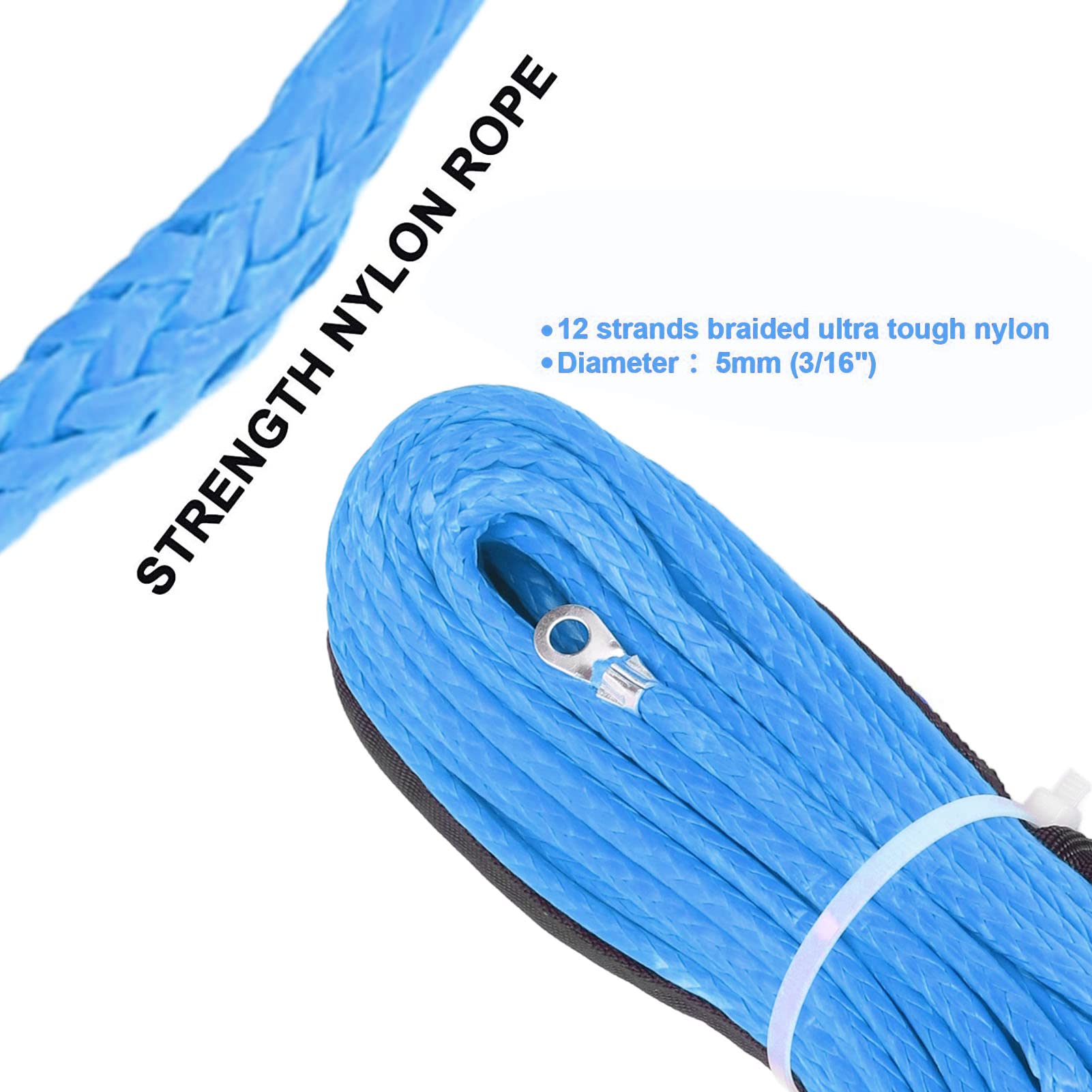 Cavo Sintetico per Verricello Cavo di Traino per Verricello 4.8mmx15m Fibra Sintetica 5500lbs Resistenza Alla Rottura Accessorio Impermeabile per Rimorchio ATV UTV(blu