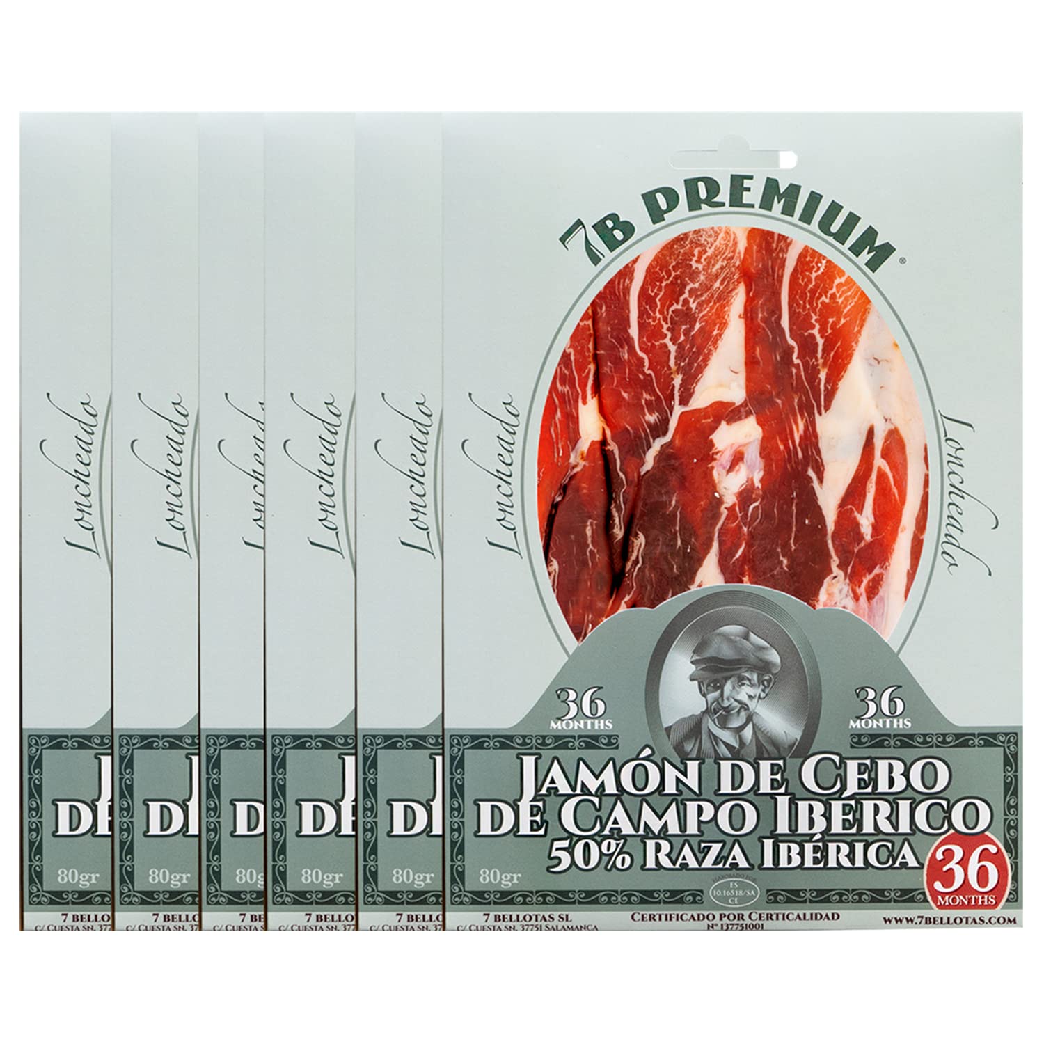 7B PREMIUM Jamón de Raza Ibérica al 50% | Elaborado con Cerdos Ibéricos Alimentados con Cereales y Proceso de Curación Natural | Jamón De Cebo De Campo Ibérico | 36 Meses (Loncheado 6 X 80 gr.)