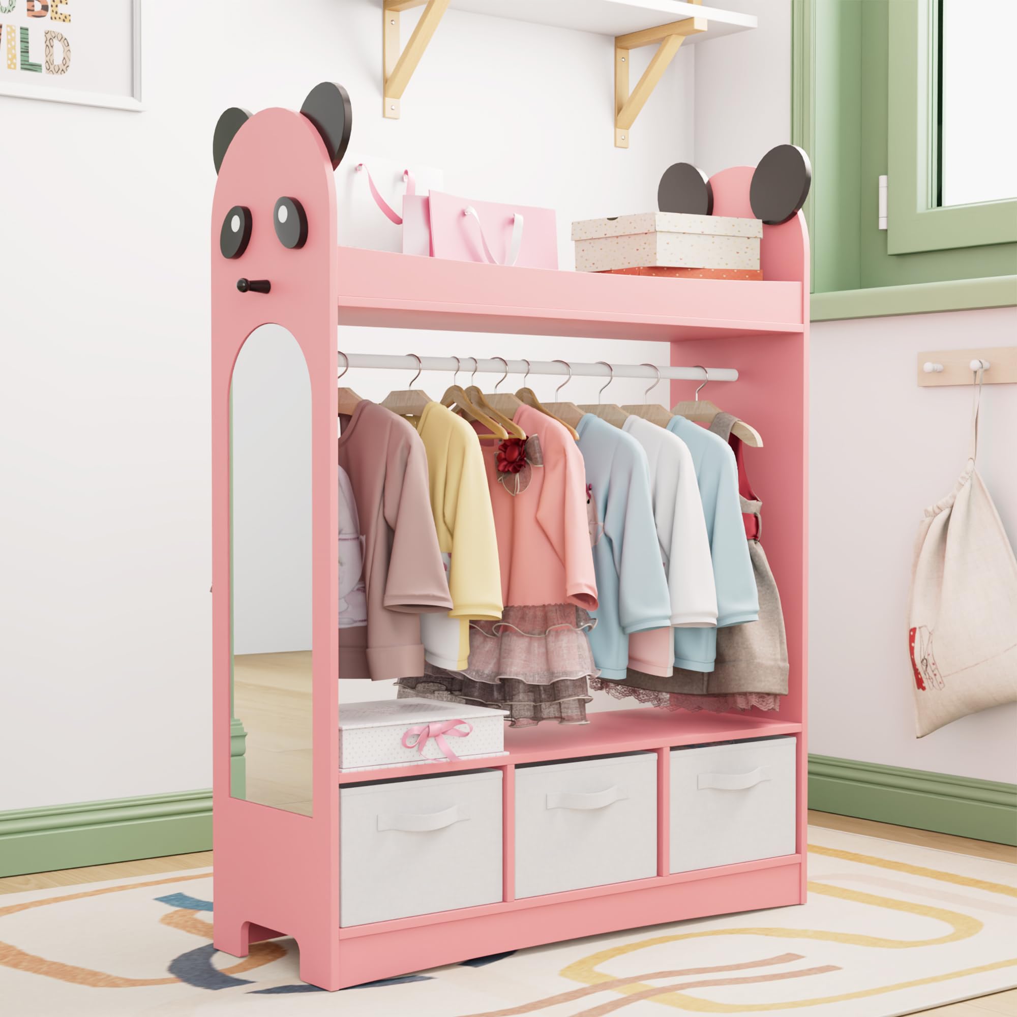 NACHES Kinder Kleiderschrank Kinderkleiderständer mit Boxen, Kleiderstange, Spiegel und Ablagen, Kindergarderobe aus Holz, Kinderregal 81 x 28 x 106,5 cm (Rosa, Panda mit 3 Schubladen)