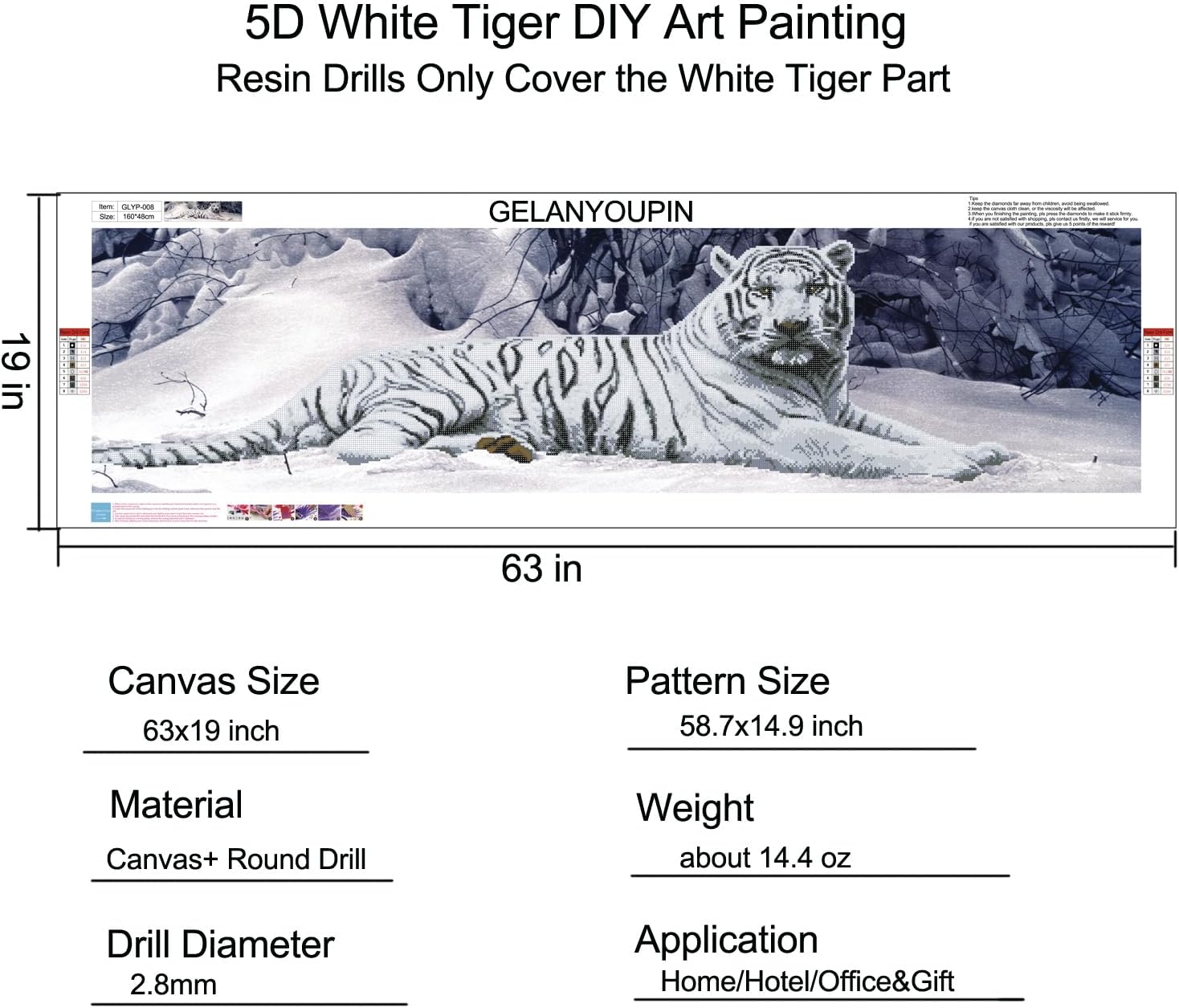 GELANYOUPIN DIY 5D Large Resin Beads Painting by Numbers Kits Crystal Rhinestone Embroidery Paintings Pictures Arts Craft for Home Wall Decor Partial Drill White Tiger Paint (58.7.x14.9inches)