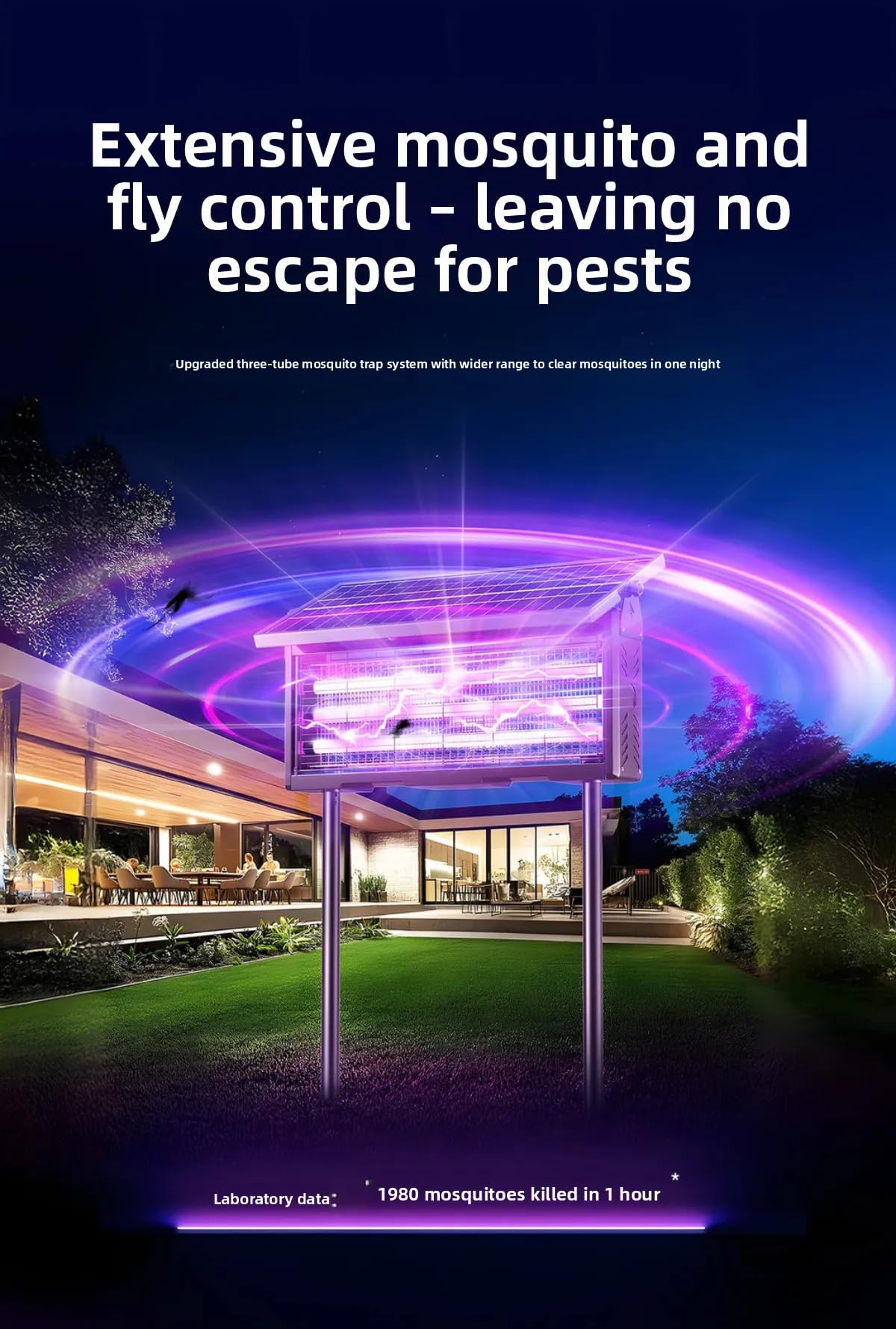 Matamosquitos solar, exterminador de insectos con luz UV, repelente de plagas impermeable para patio, jardín, parque, comunidad, control eficaz de mosquitos e insectos (negro, 23 cm)
