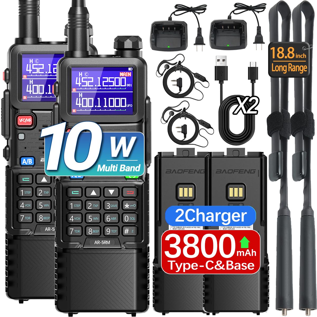 BAOFENG Radio Ham Radio Long Range AR-5RM Walkie Talkies Handheld 5RM Two Way Radio with NOAA Weather Receive,3800mAh Extend Battery,Copy Frequency,USB-C Charger for Camping Survival Gear,2Pack