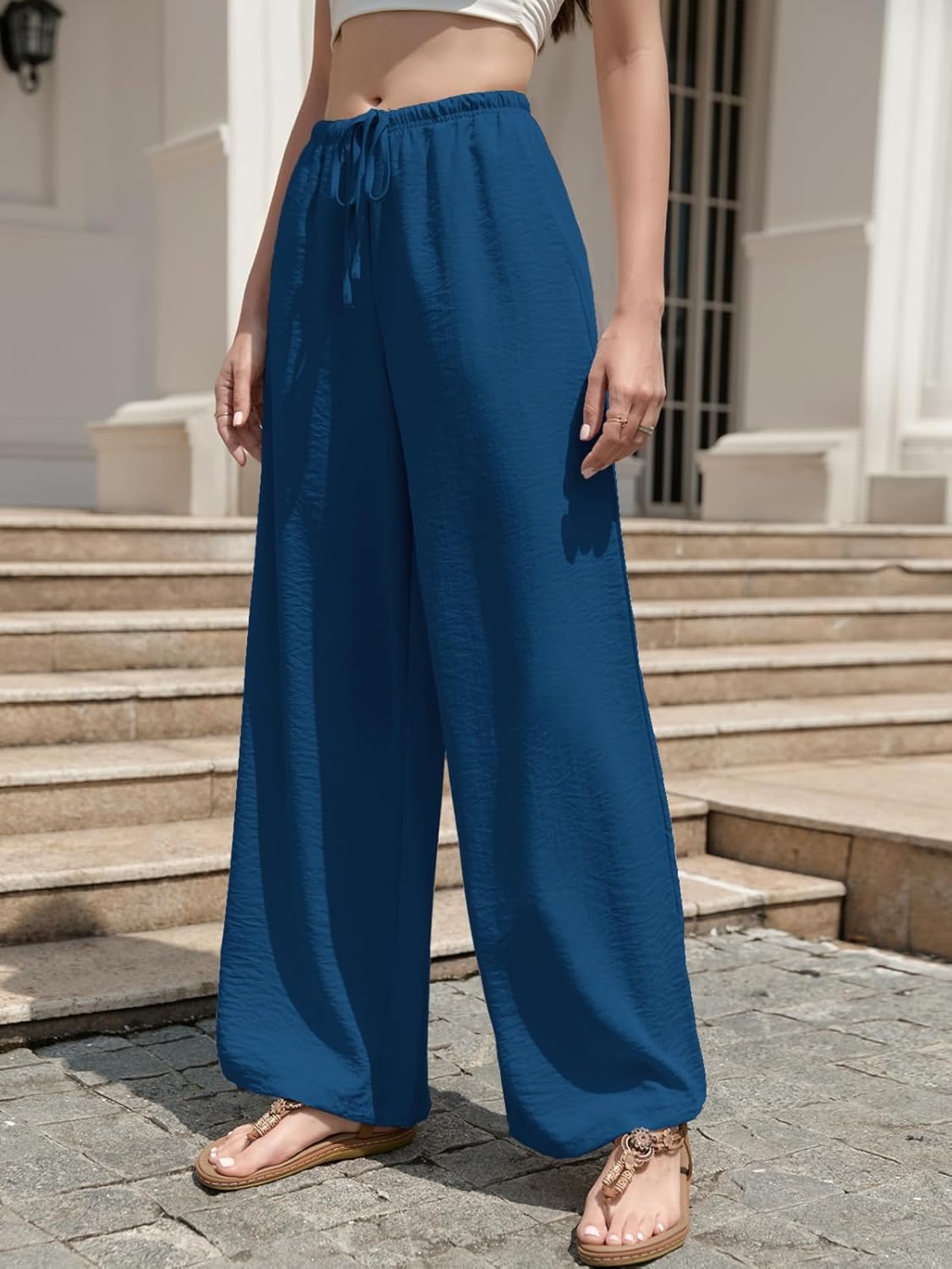 Womens Wide Leg Palazzo Pants Summer Flowy Pants Drawstring Elastic Beach Lounge Casual Trousers with Pockets - Image 3