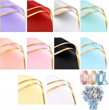 ZORUMOI 100 Sheets Flower Wrapping Paper,Waterproof Floral Korean Bouquet Wrapping Paper, Florist Supplies, Suitable for Flowers Gift Packaging ,22.8x22.8 inch 10 Colors,with 3 Ribbons
