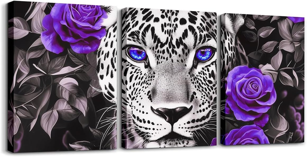 Cheetah Canvas Wall Art Set of 3,Purple Rose Framed Wall Art Black and White Grey Leopard Print Wall Decor Living Room,Western Animals Poster Prints Artwork for Walls Flowers Hang Pictures Home Decor