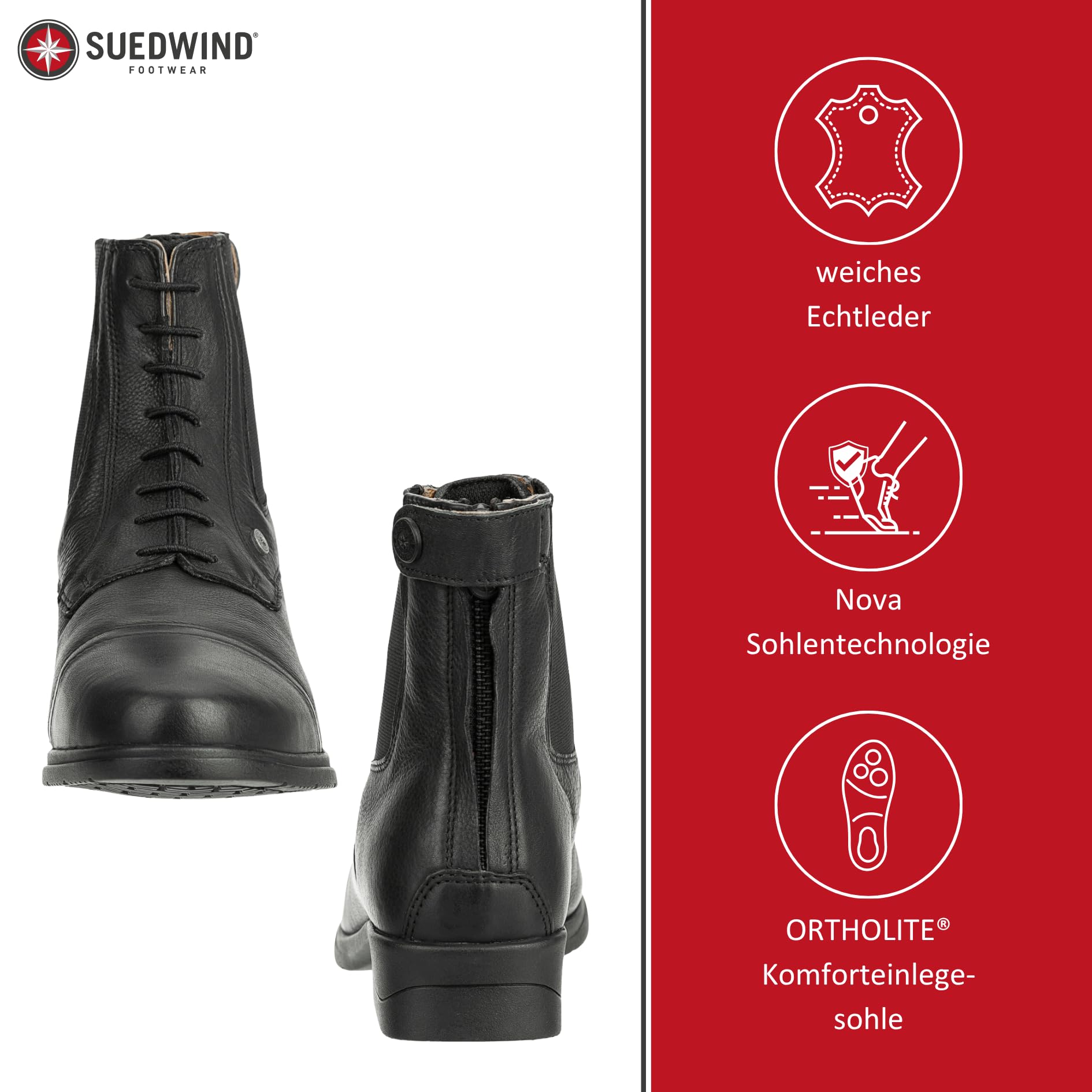 SUEDWIND FOOTWEAR Reitstiefeletten Nova Soft BZ Lace - Rindsleder Reitschuhe – Unisex Paddock Stiefeletten m. Schnürung, Mesh-Lining, Nova-Gummisohle & Reißverschluss hinten – schwarz – 25-46